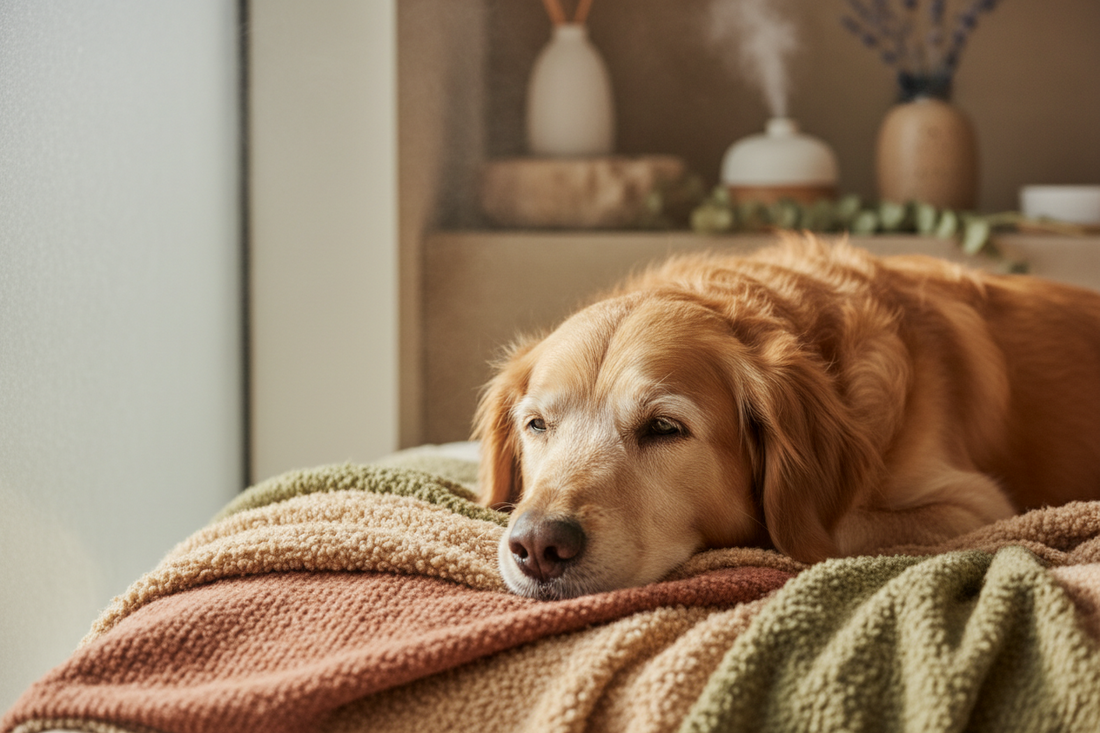 Arthrose beim Hund, Hund liegt auf Decke