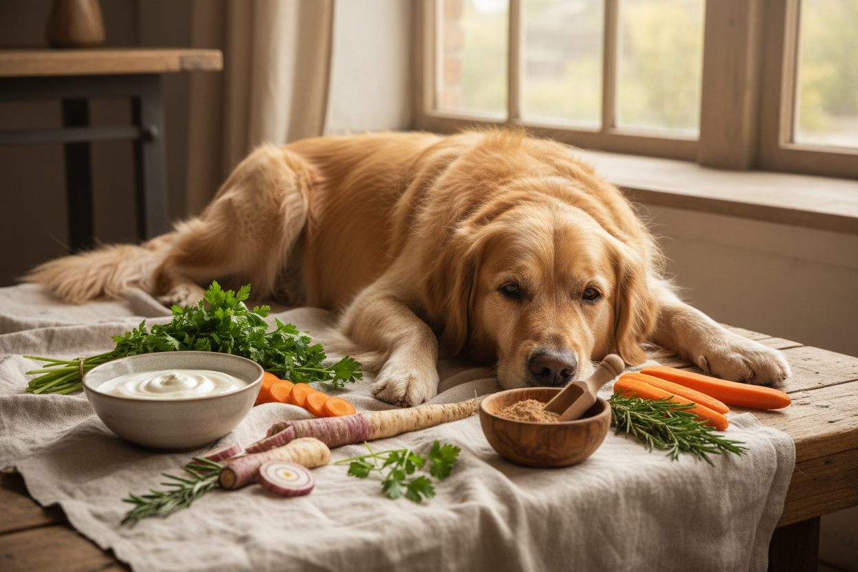 Hund liegt auf Decke, Magenfreundliche Ernährung