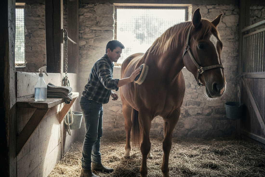 Pferd wird mit Bürste gepflegt – Fellpflege ohne Waschen mit Dry Spray und Bürste