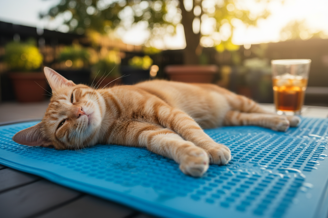 Katze liegt auf Kühlmatte im Sommer – Hitzeschutz für Katzen