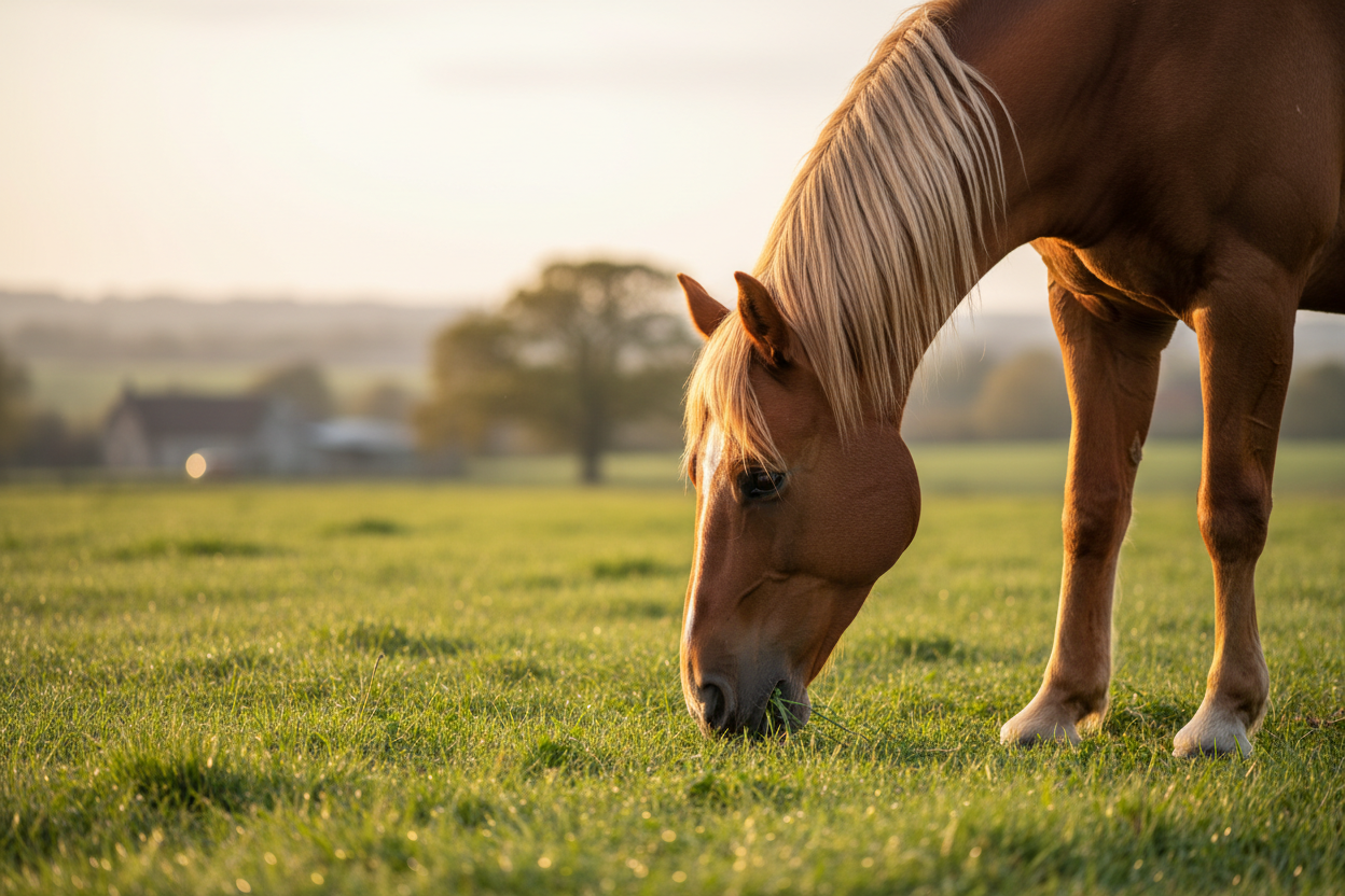 Pferd grast auf sommerlicher Wiese – natürliche Grundlage der Pferdefütterung