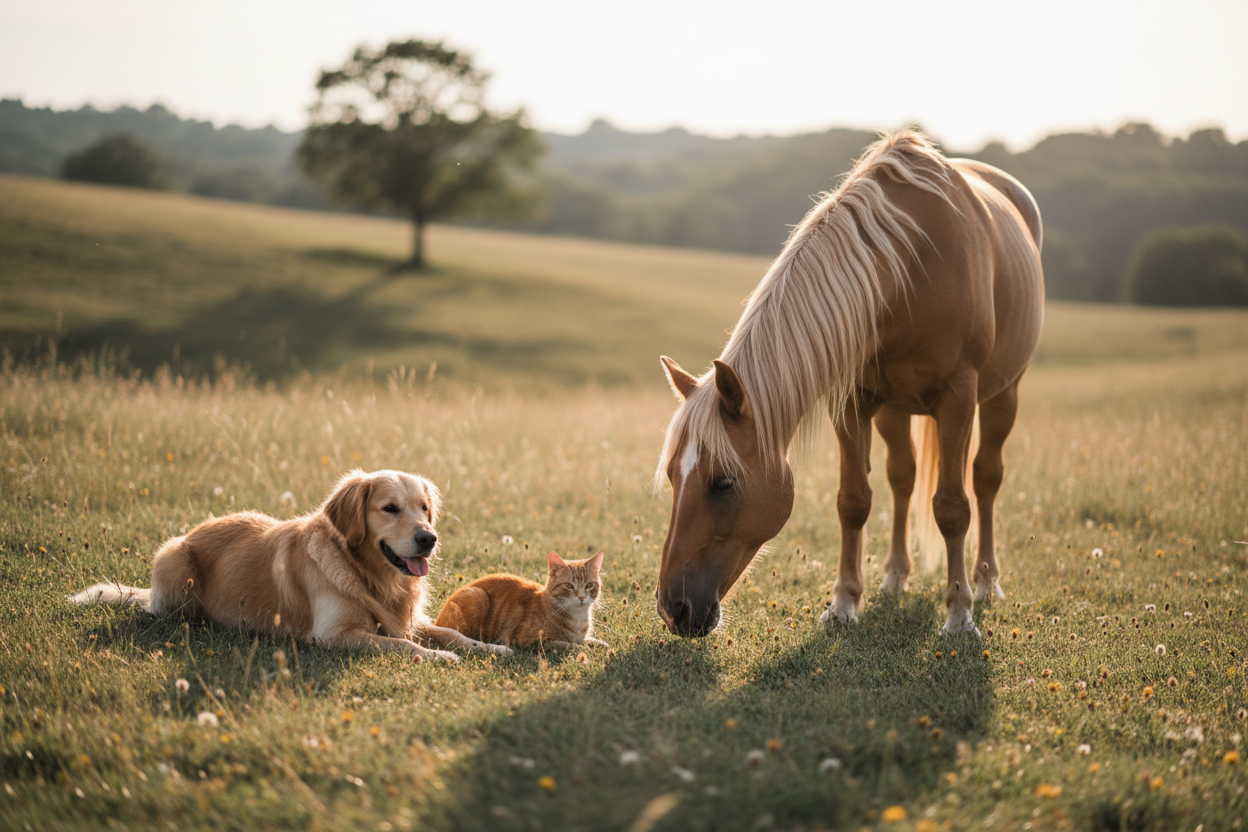 Tiere in natürlicher beige-grüner Umgebung – Fokus auf Wohlbefinden und Tiergesundheit bei Tiervita.