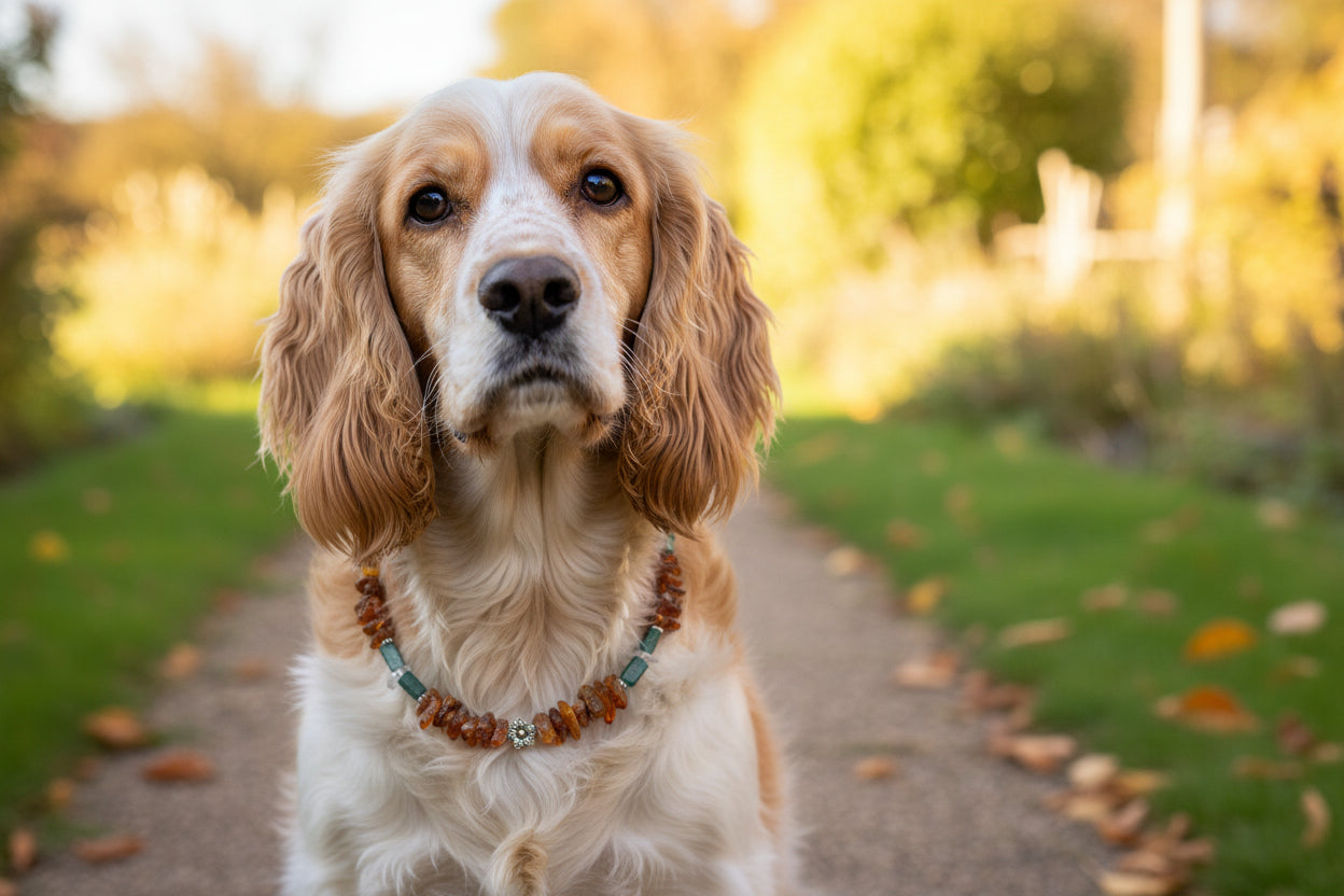 Hunde Bernsteinkette mit Aventurin und Muscheln Länge 37cm