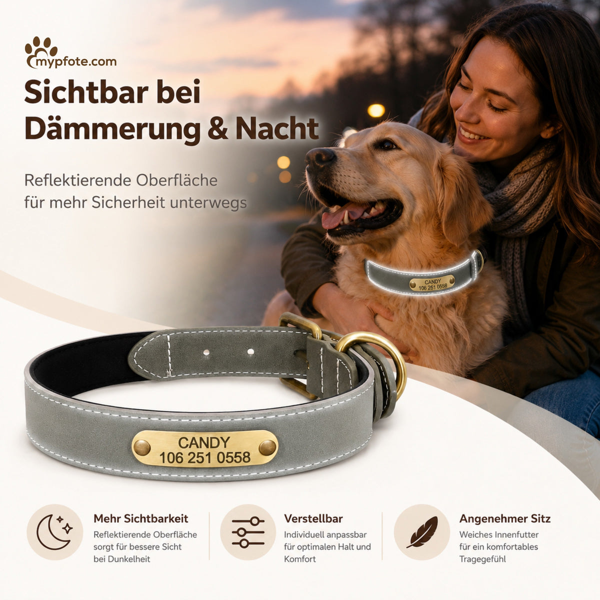 Wunderschönes Reflektions Hundehalsband mit Namen graviert