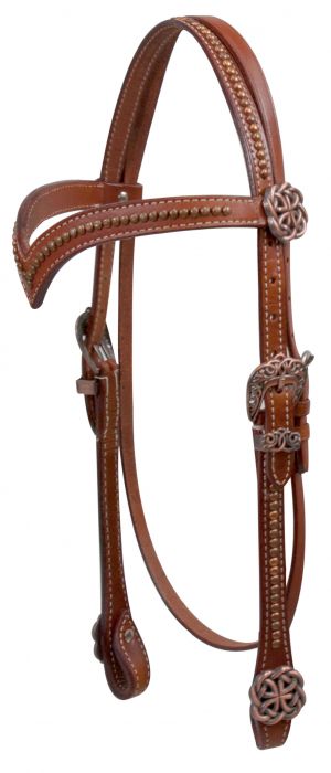 Westernzaum, Trense mit V-Stirnband, kupferfarbene Schnallen, Nieten und Conchos, braun,