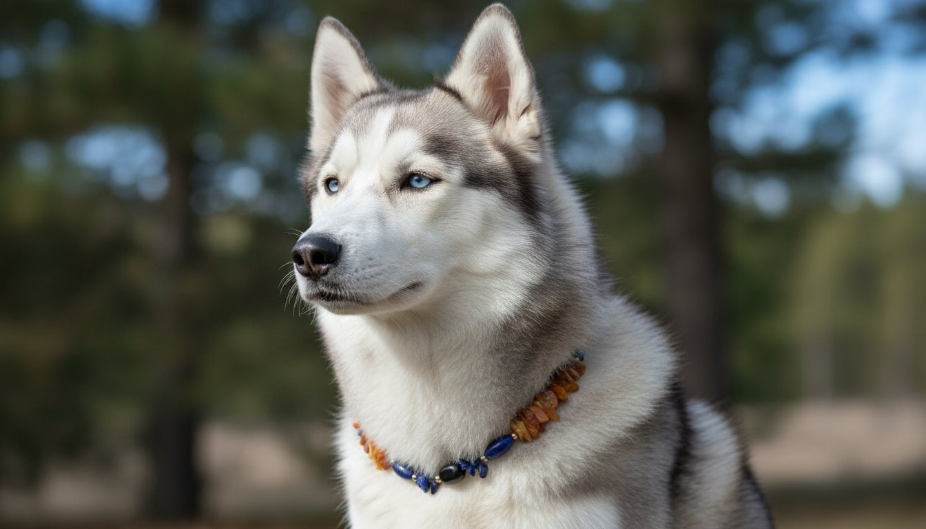 Bernsteinkette Hund mit Onyx und Lapislazuli Länge 49 cm - TierVita