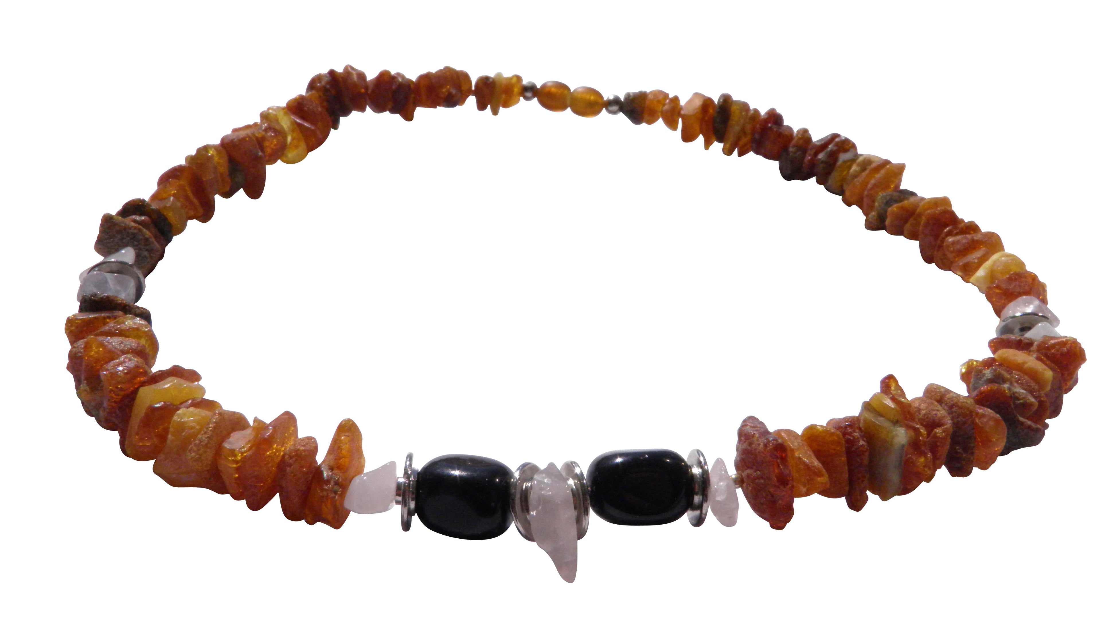 Bernsteinkette Hund mit Onyx und Rosenquarz Länge 46 cm - TierVita