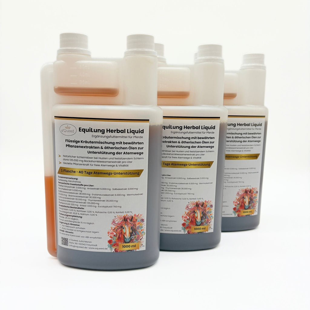Vorteilspaket 3 × EquiLung Herbal Liquid – Flüssiges Ergänzungsfuttermittel für Pferde bei beanspruchten Atemwegen - TierVita