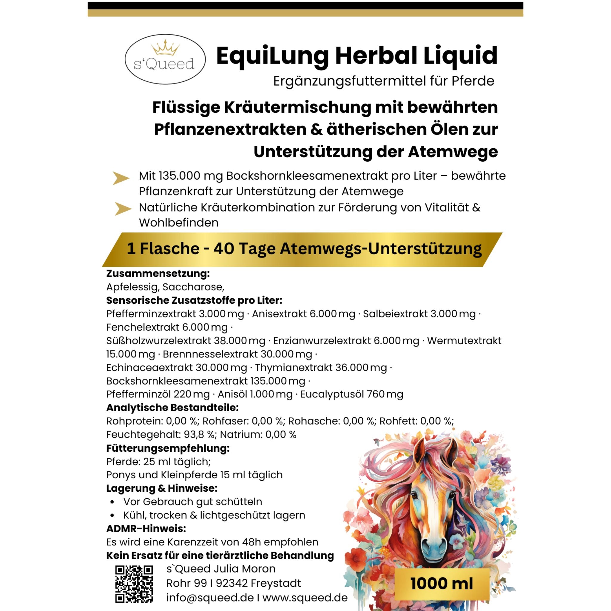 Vorteilspaket 3 × EquiLung Herbal Liquid – Flüssiges Ergänzungsfuttermittel für Pferde bei beanspruchten Atemwegen - TierVita