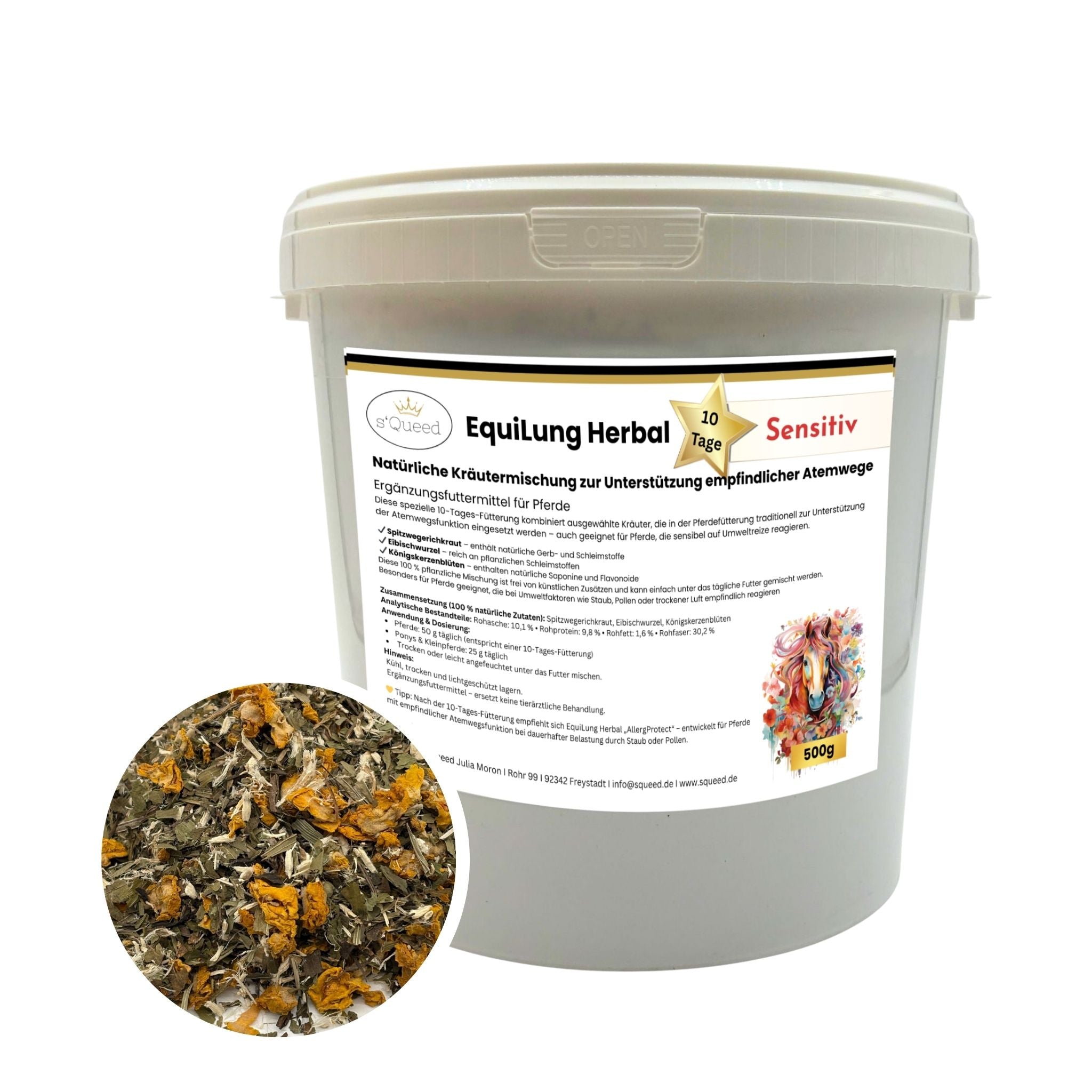 EquiLung Herbal Sensitiv – Hustenkräuter für Pferde zur Unterstützung empfindlicher Atemwege (10 Tage Fütterung) - TierVita