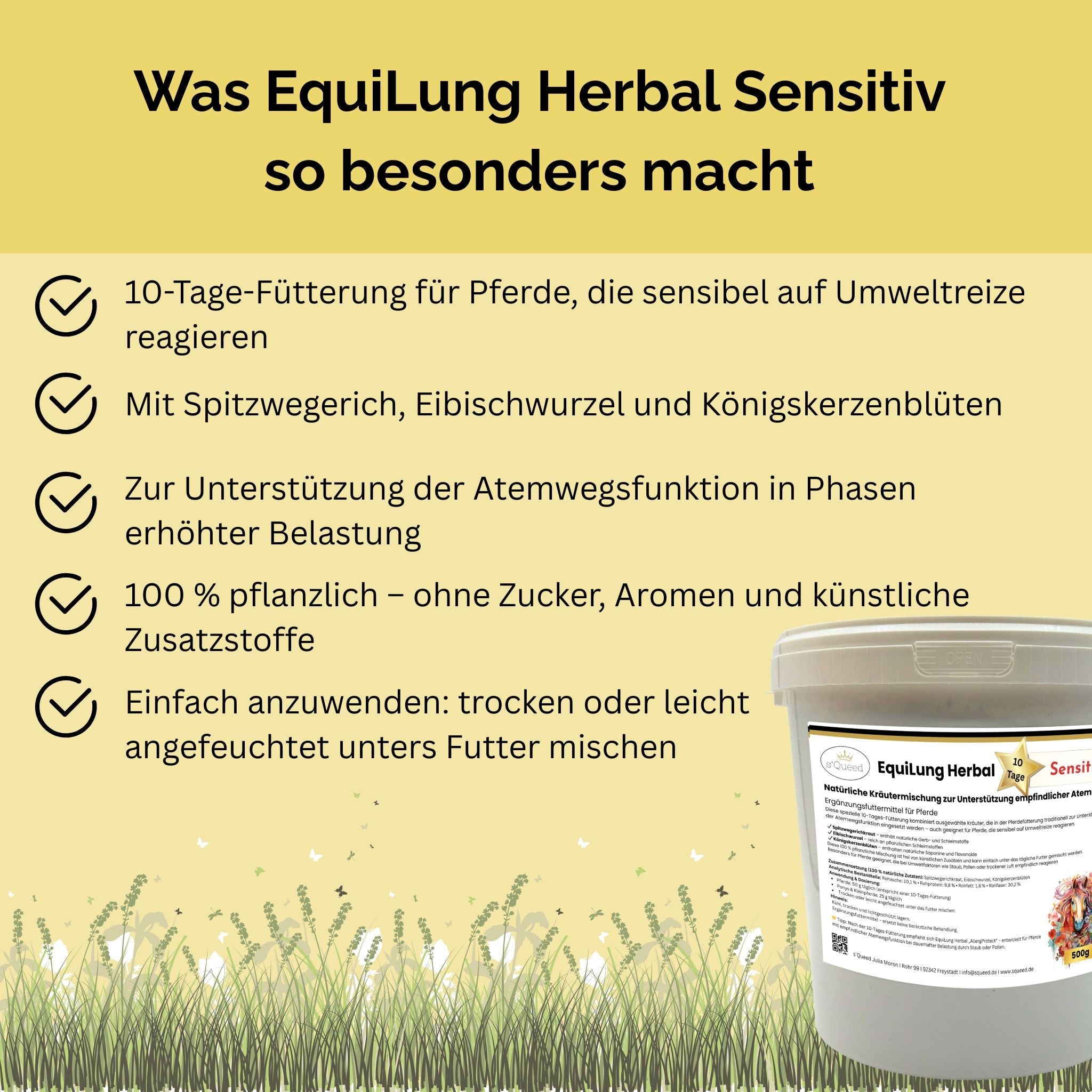 EquiLung Herbal Sensitiv – Hustenkräuter für Pferde zur Unterstützung empfindlicher Atemwege (10 Tage Fütterung) - TierVita
