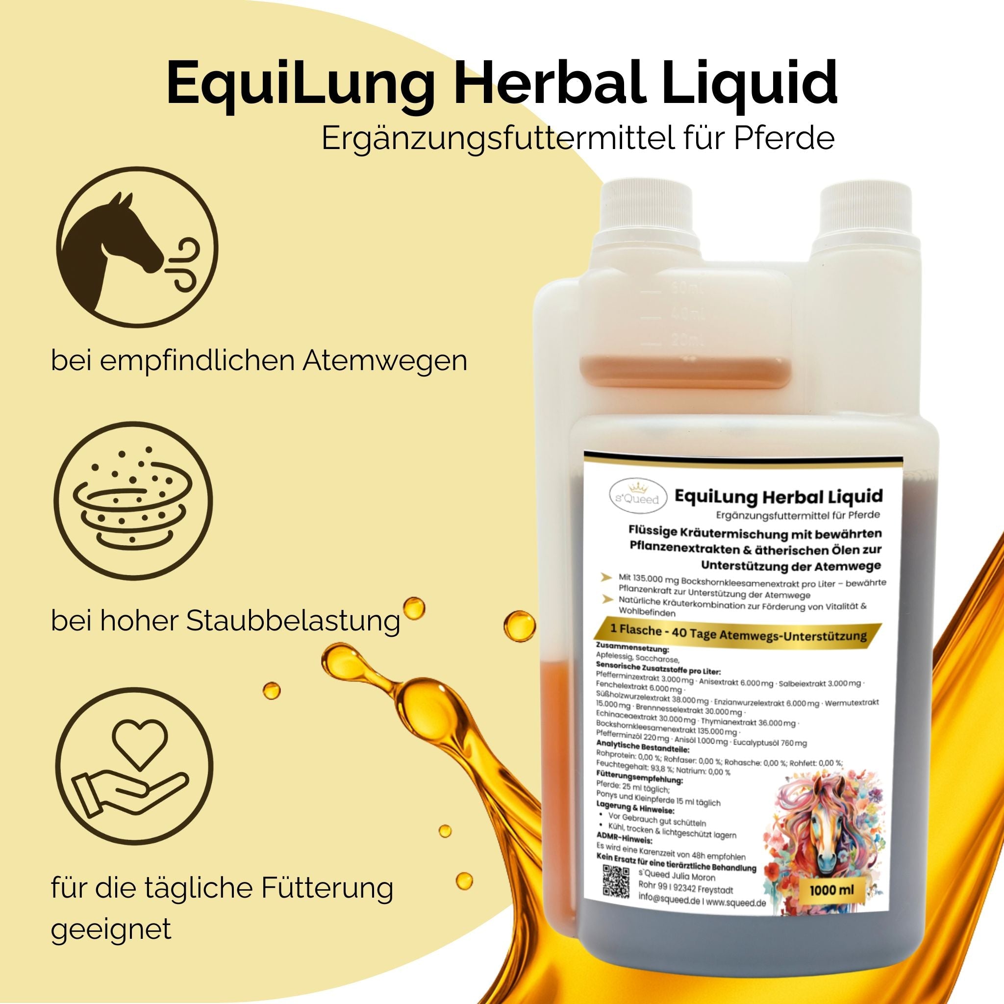 EquiLung Herbal Liquid 1000ml – flüssiges Ergänzungsfuttermittel zur Unterstützung der Atemwege bei Pferden - TierVita