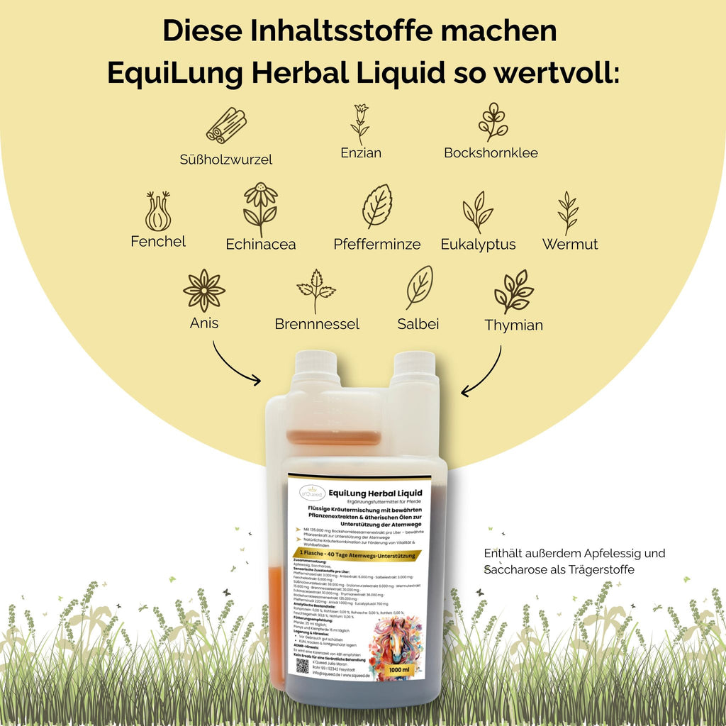 Vorteilspaket 3 × EquiLung Herbal Liquid – Flüssiges Ergänzungsfuttermittel für Pferde bei beanspruchten Atemwegen - TierVita