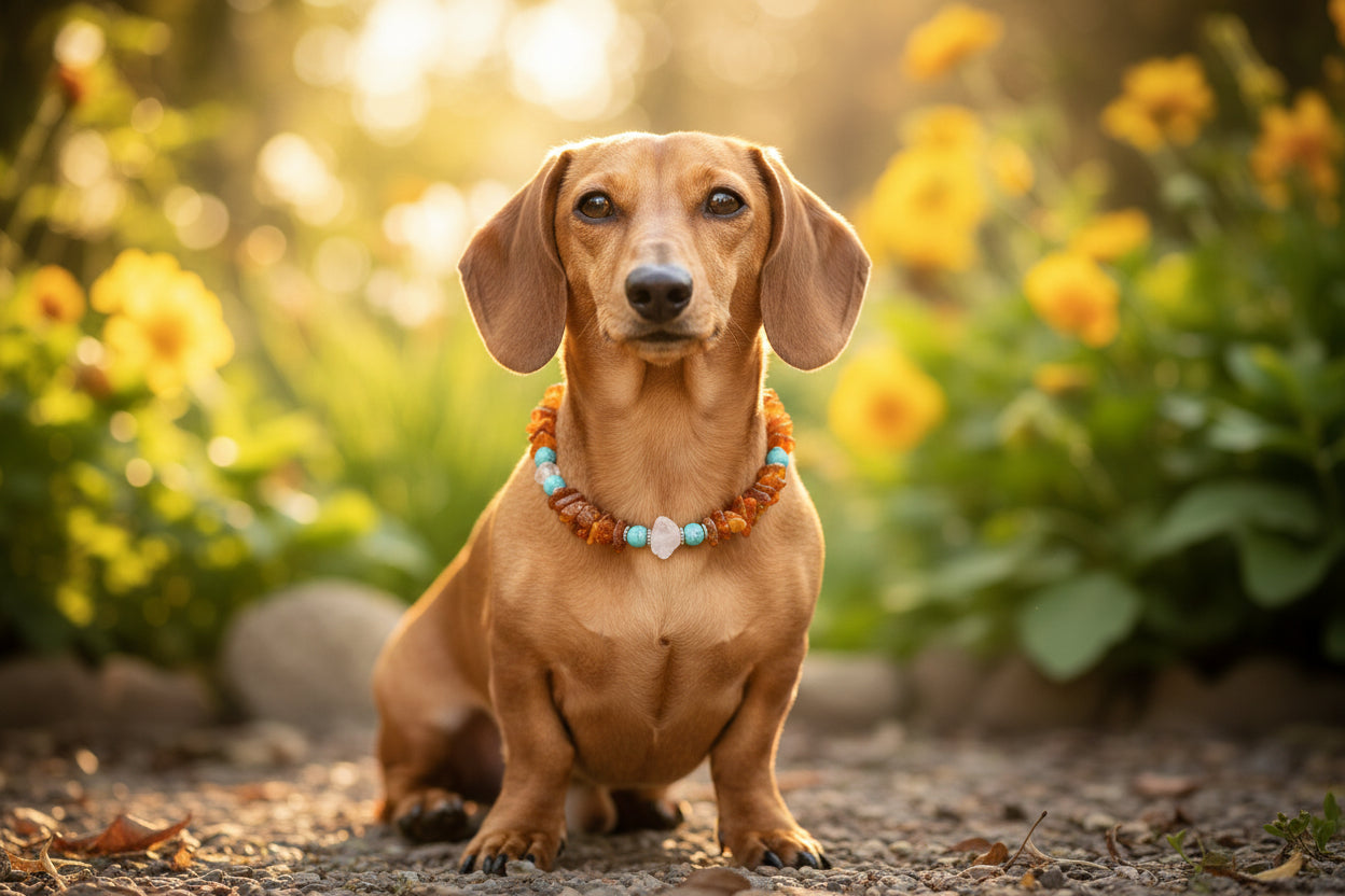 Hunde Bernsteinkette mit  Howlith Herzchen Länge 45cm