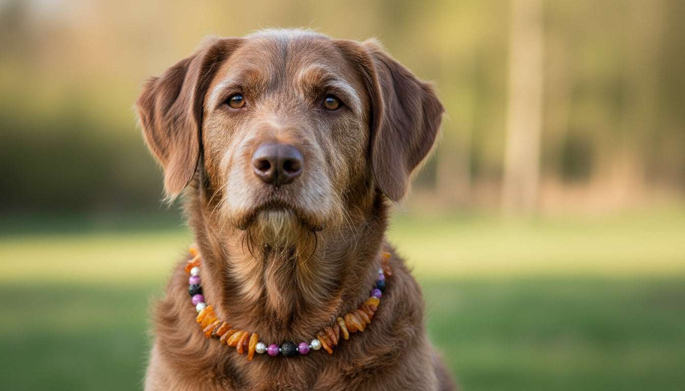 Hunde Bernsteinkette mit Lava  und Sugilith Länge 45cm - TierVita
