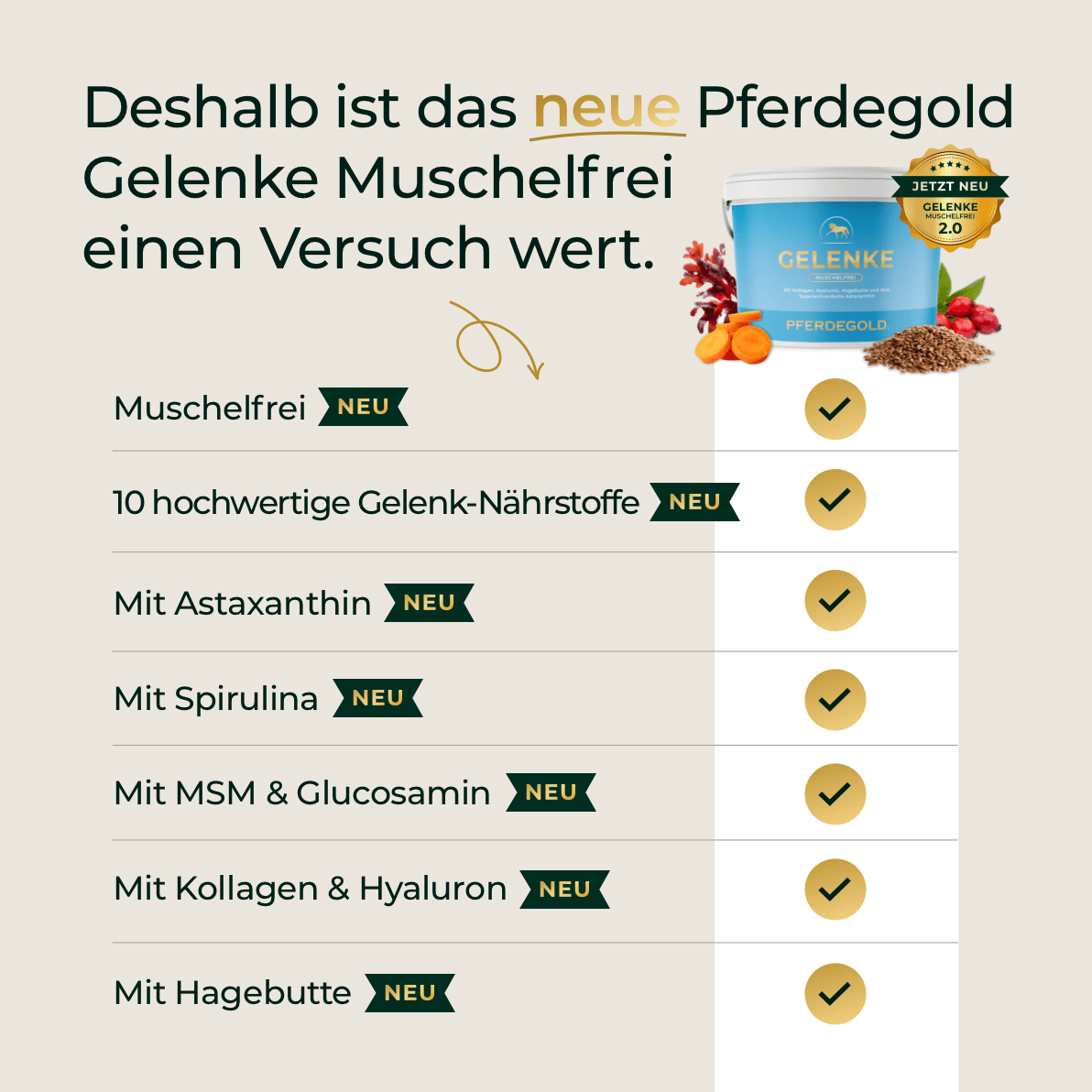 Pferdegold® Gelenke Muschelfrei 2.0 – Gelenknahrung für Pferde ohne Grünlippmuschel