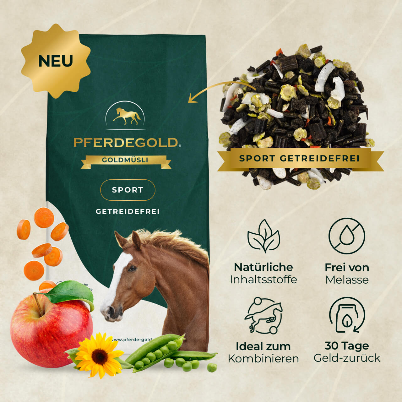 Pferdegold® Goldmüsli® Sport Getreidefrei – Pferdefutter für sportliche Pferde
