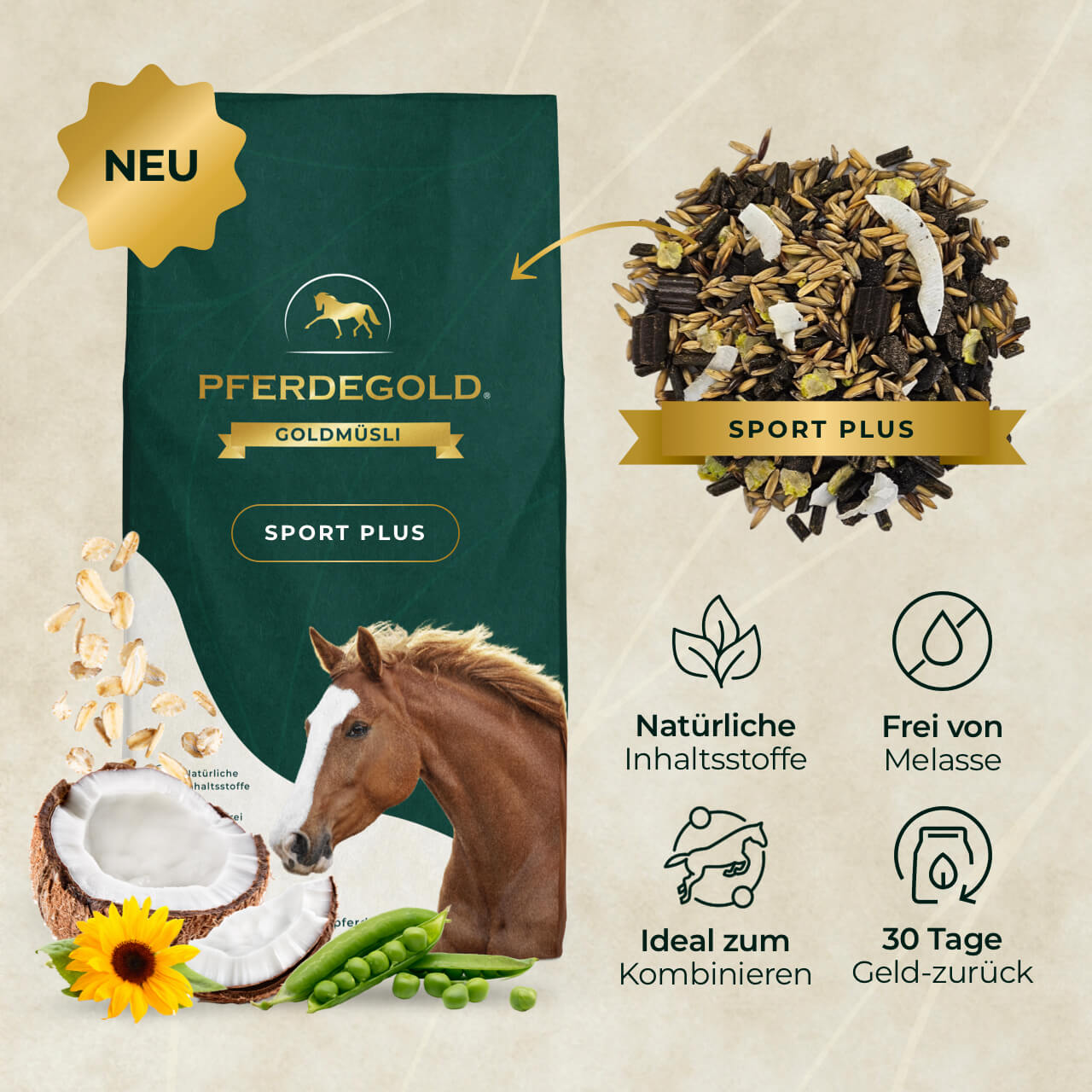 Pferdegold® Goldmüsli® Sport Plus – Pferdemüsli für sportlich aktive Pferde