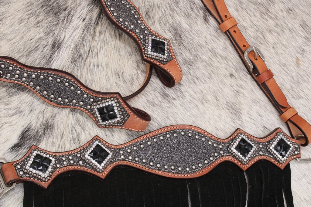 Glitzer Showtrense silber mit Vorderzeug und Fransen, Set aus Vorderzeug und Westerntrense,