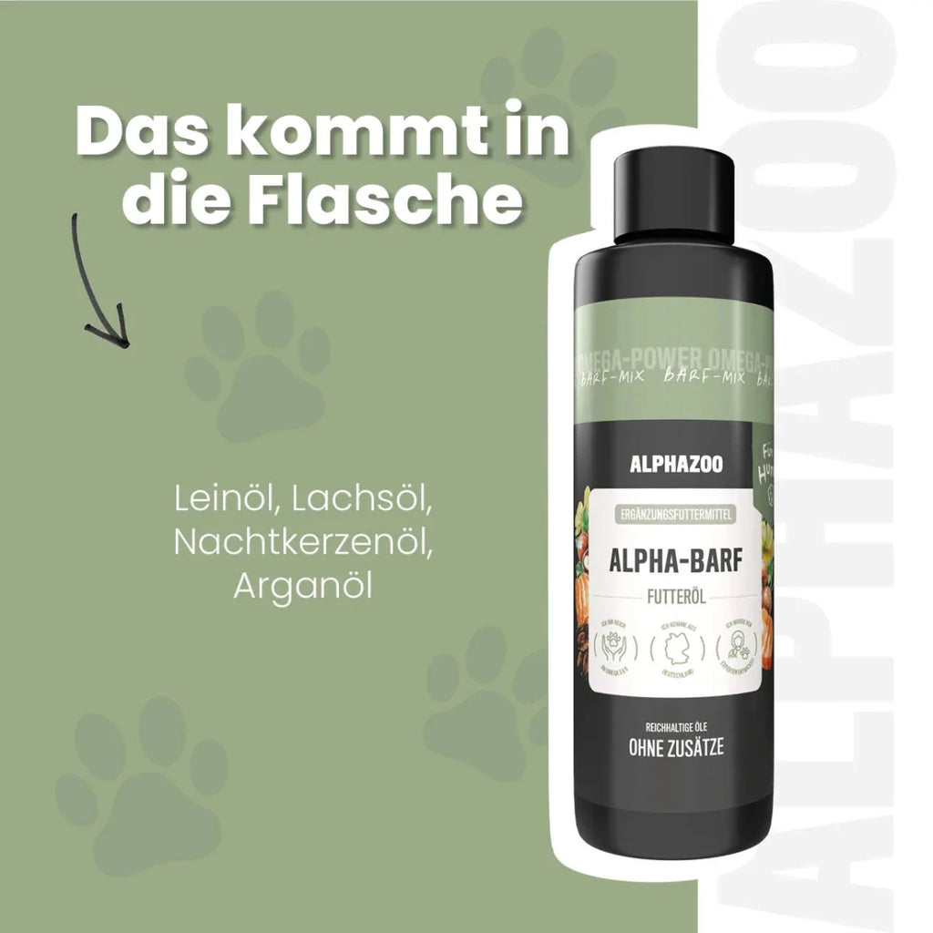 Alpha-Barf Futteröl für Hunde – Lein, Lachs, Nachtkerze & Argan kaltgepresst