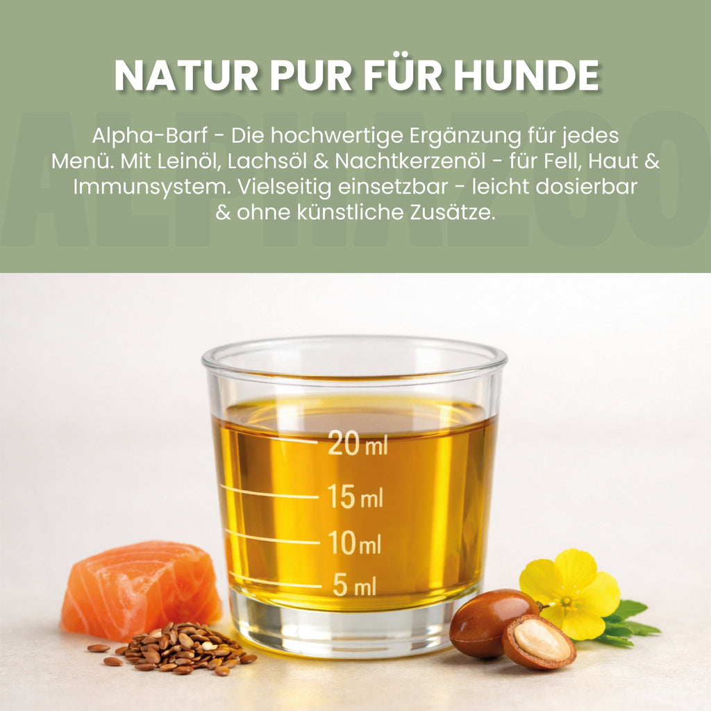 Alpha-Barf Futteröl für Hunde – Lein, Lachs, Nachtkerze & Argan kaltgepresst