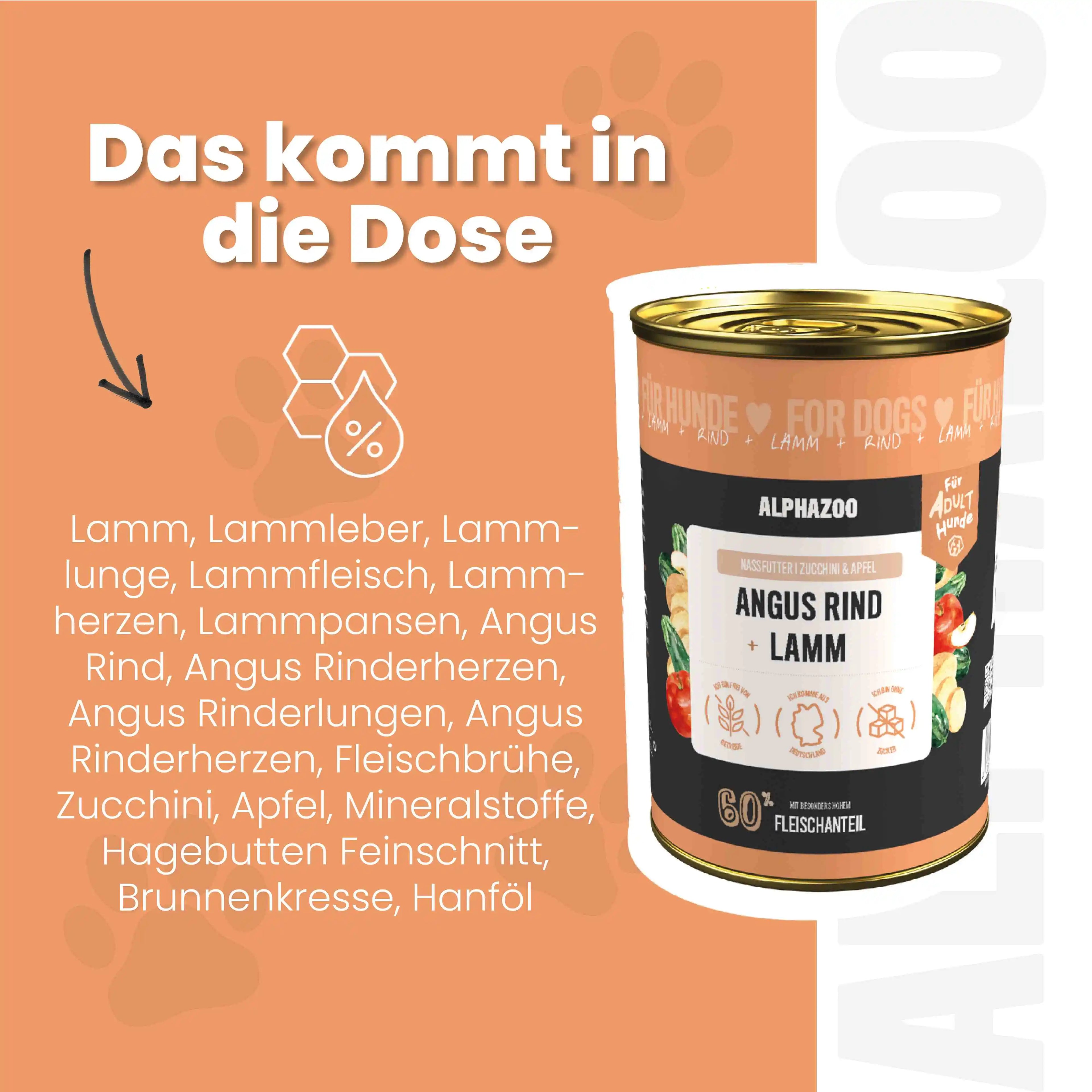 Angus Rind + Lamm Nassfutter für Hunde – 60% Fleisch, mit Leinöl, Apfel & Grünlippmuschel