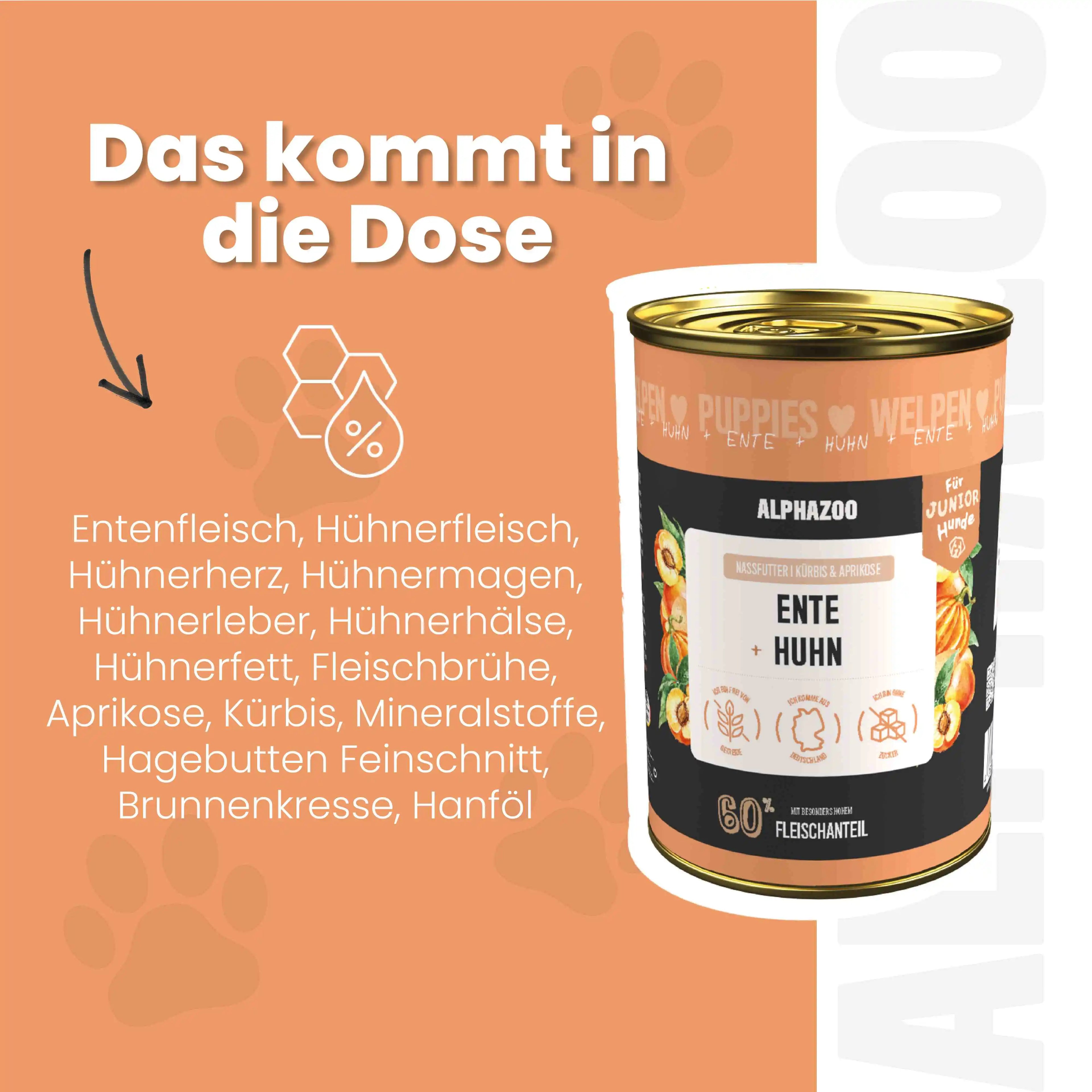 alphazoo Junior Nassfutter Ente + Huhn – Welpen & junge Hunde, getreidefrei