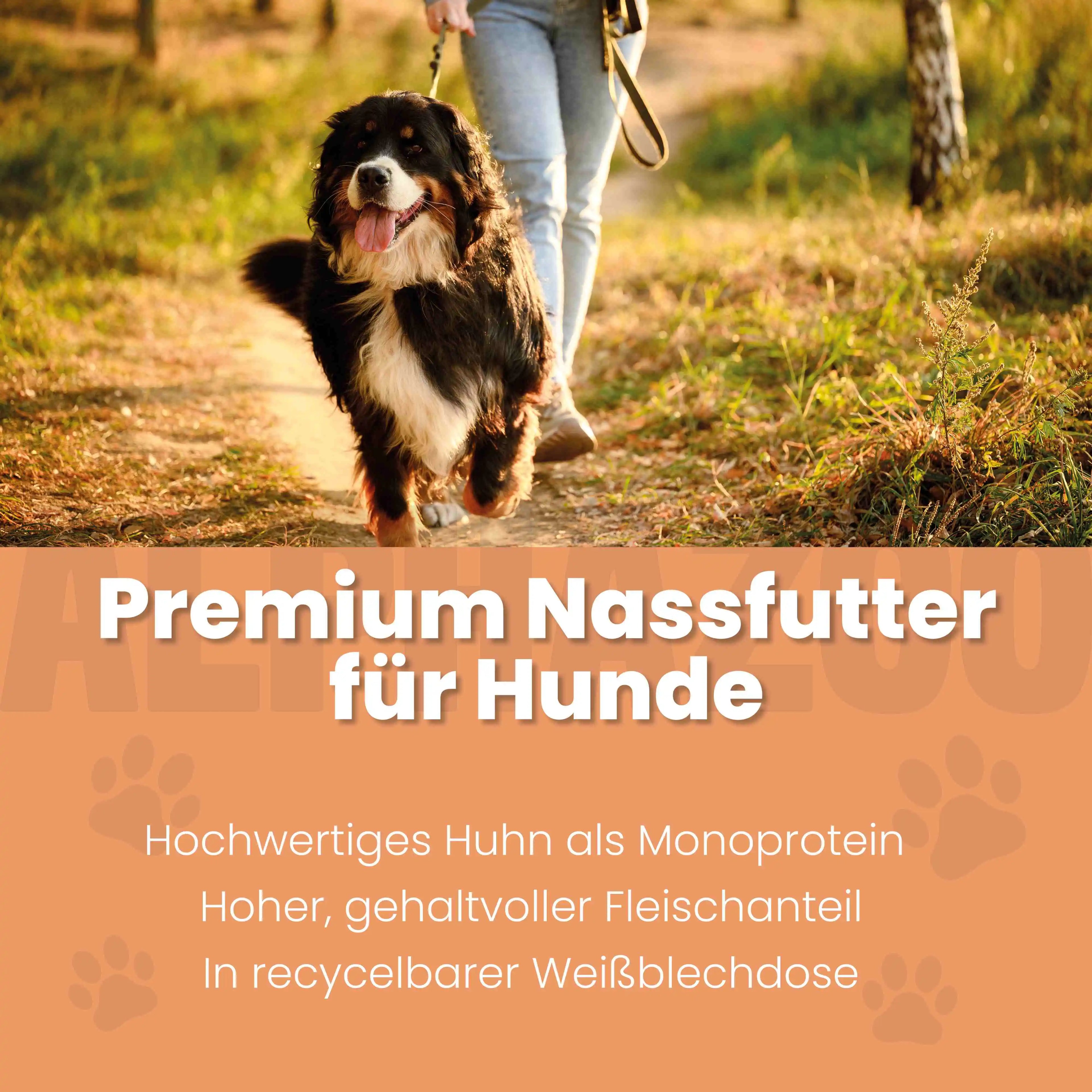 Monoprotein Huhn Nassfutter für Hunde – 60% Fleisch, mit Möhren, Birne, Hagebutte & Hanföl