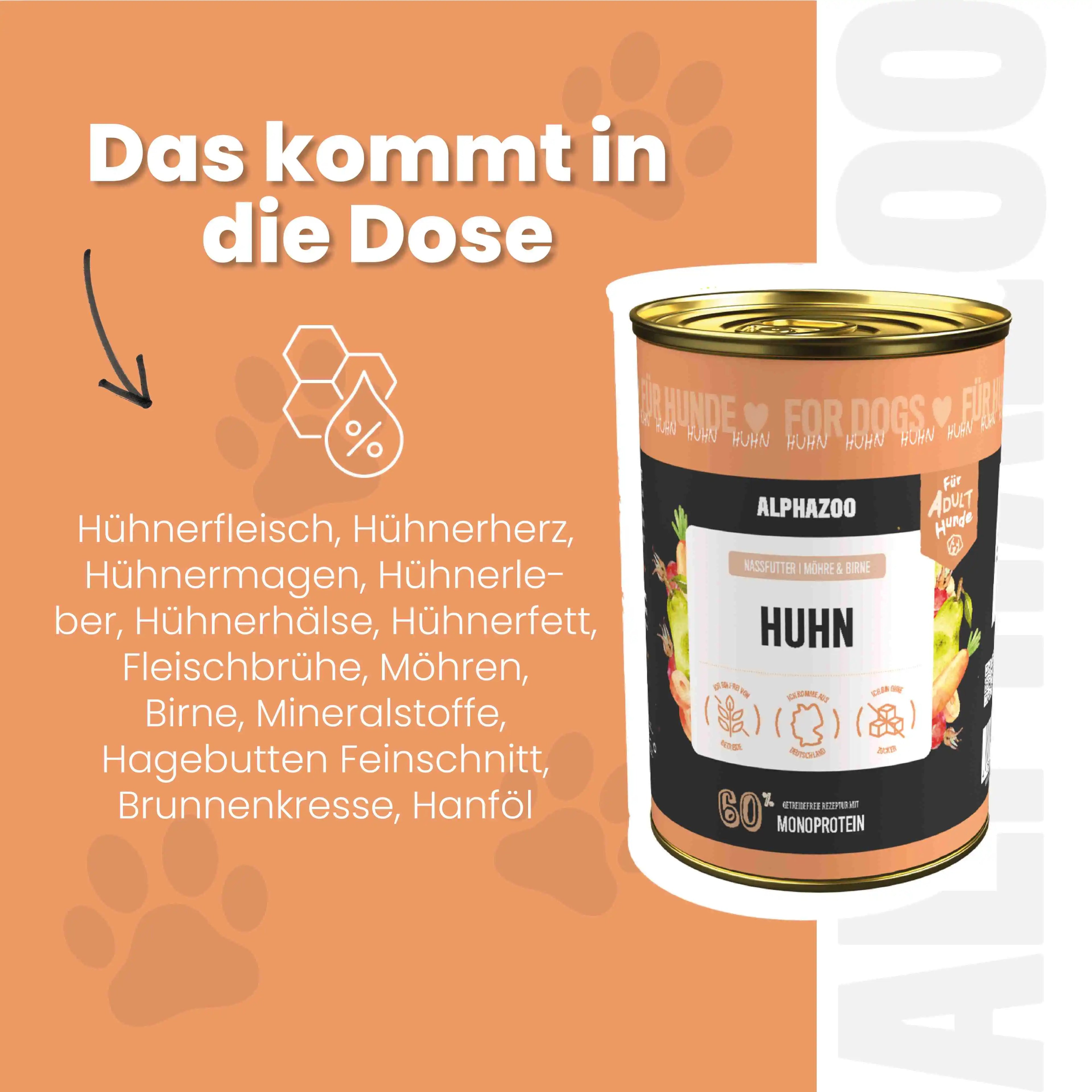 Monoprotein Huhn Nassfutter für Hunde – 60% Fleisch, mit Möhren, Birne, Hagebutte & Hanföl