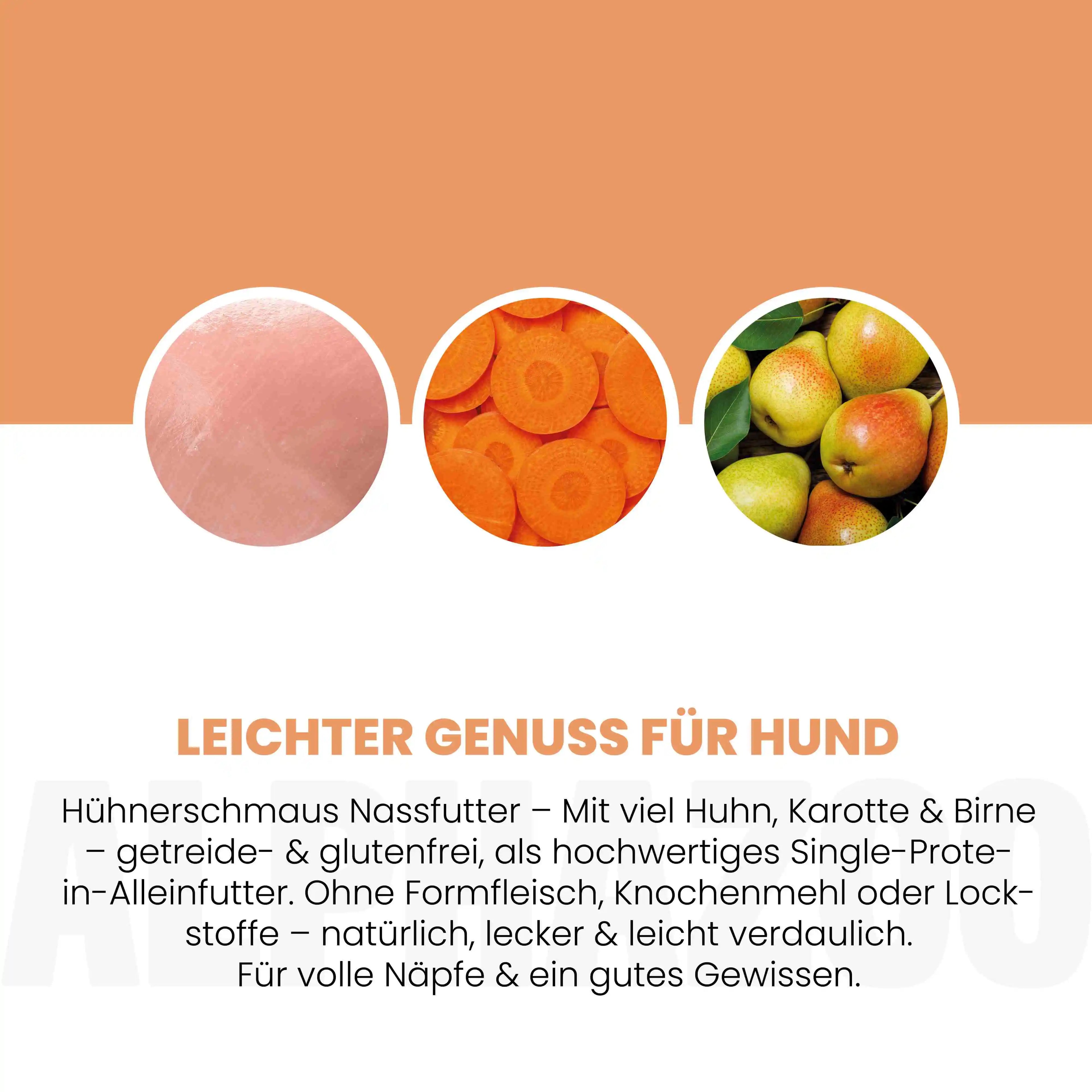 Monoprotein Huhn Nassfutter für Hunde – 60% Fleisch, mit Möhren, Birne, Hagebutte & Hanföl