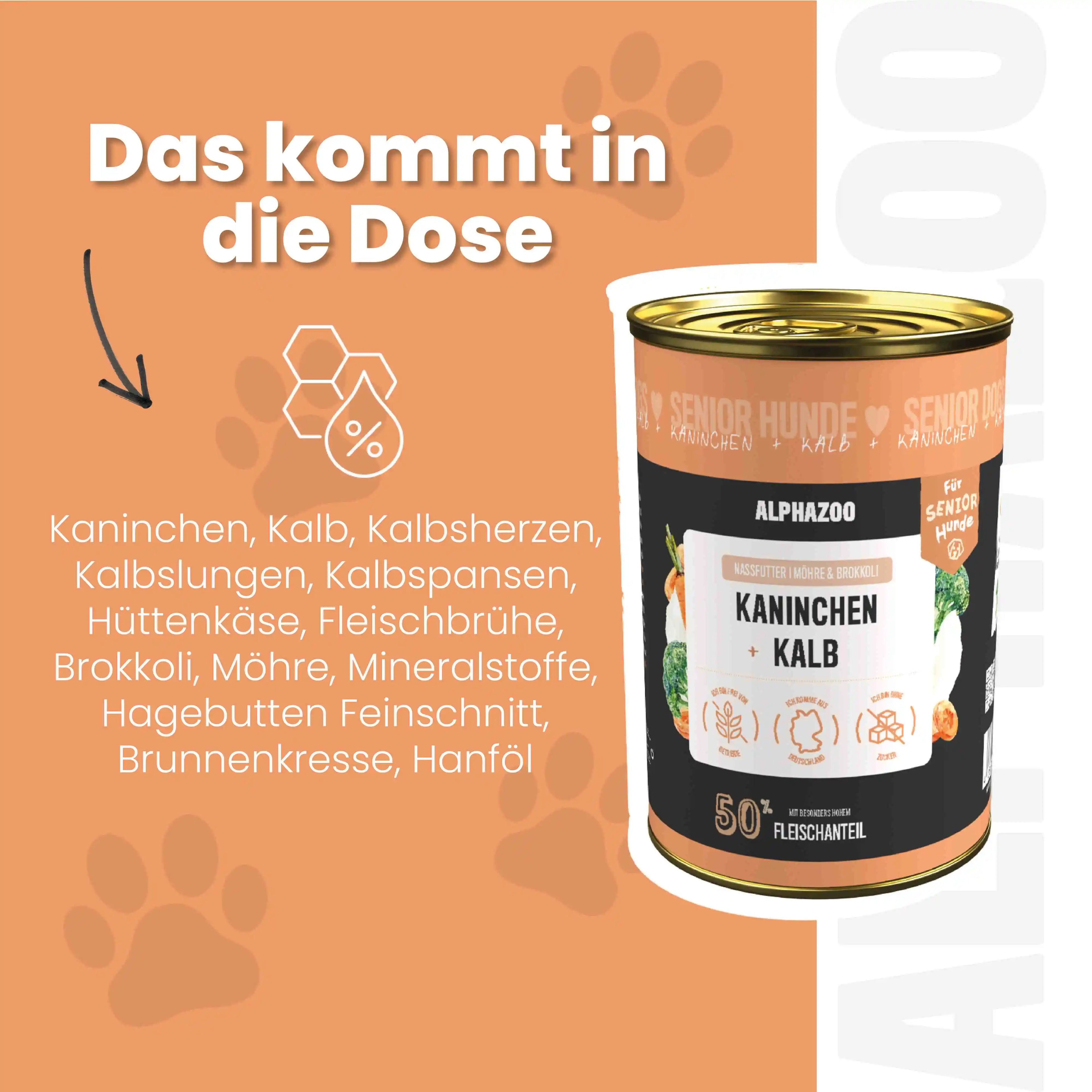Kaninchen + Kalb Nassfutter für Senior Hunde – 50% Fleisch, leicht verdaulich, mit Hanföl