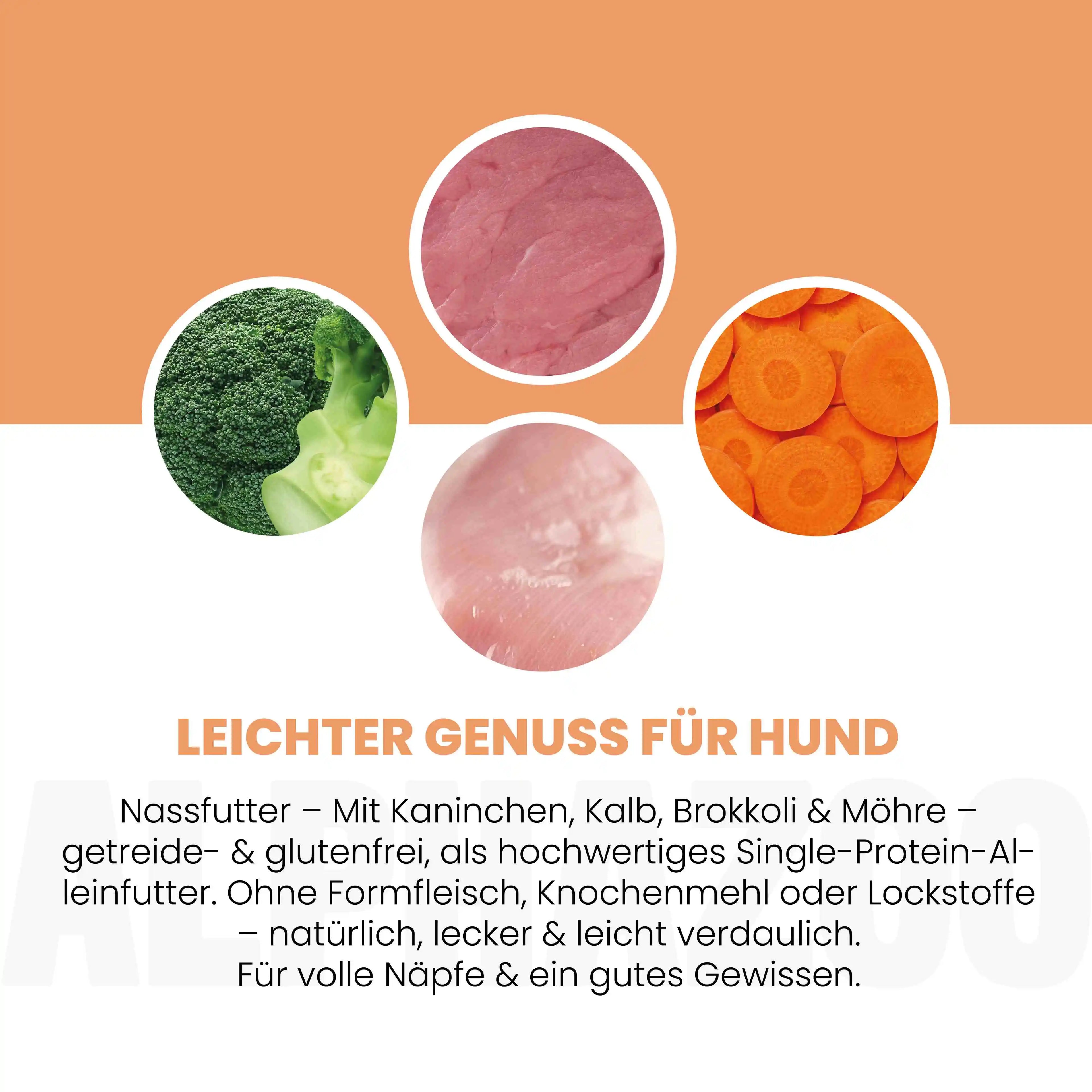 Kaninchen + Kalb Nassfutter für Senior Hunde – 50% Fleisch, leicht verdaulich, mit Hanföl
