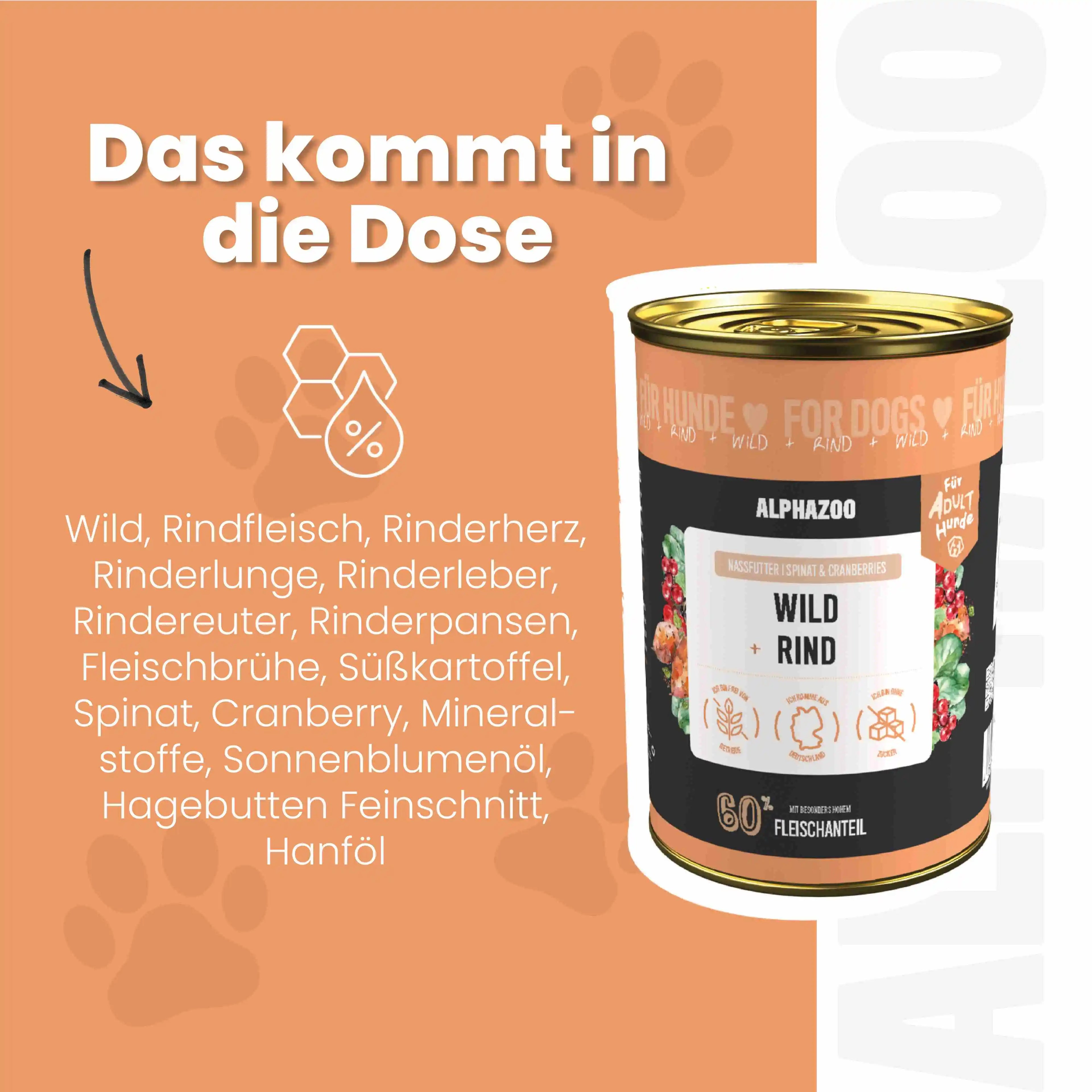 Wild + Rind Nassfutter für Hunde – 60% Fleisch, mit Süßkartoffel, Spinat & Cranberries