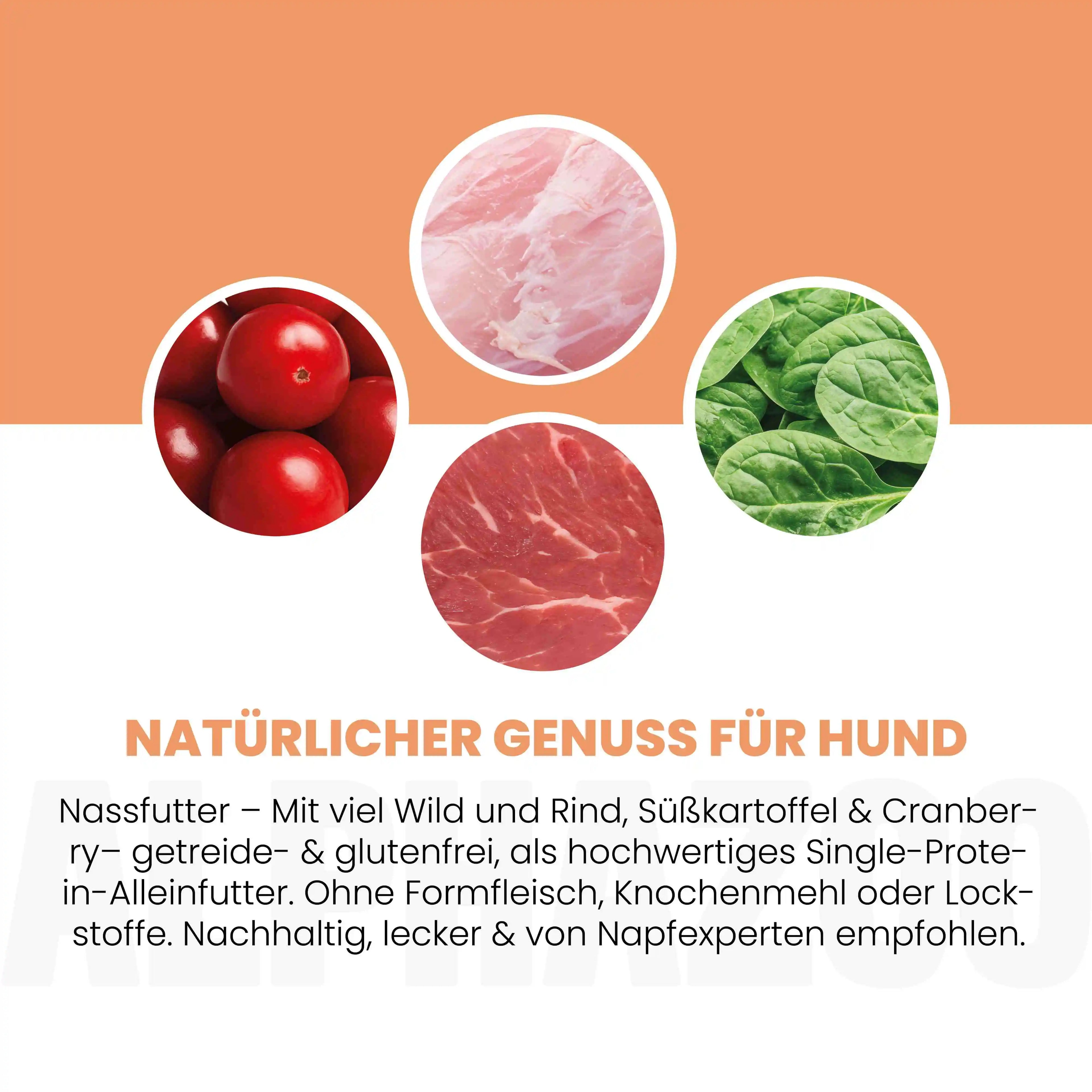 Wild + Rind Nassfutter für Hunde – 60% Fleisch, mit Süßkartoffel, Spinat & Cranberries
