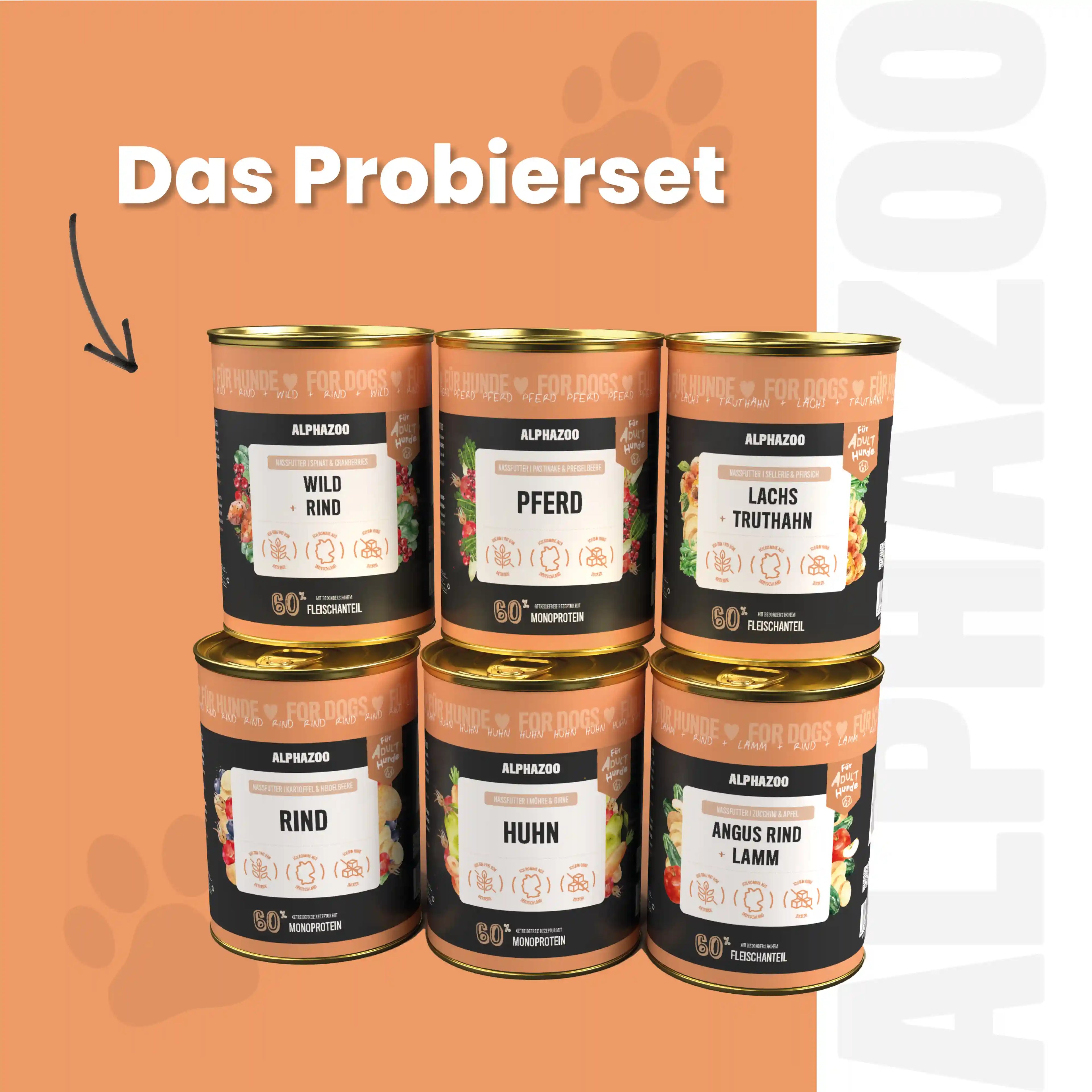 Probierschmaus Hund – 6 Sorten Nassfutter, Mono- & Duoprotein, getreidefrei