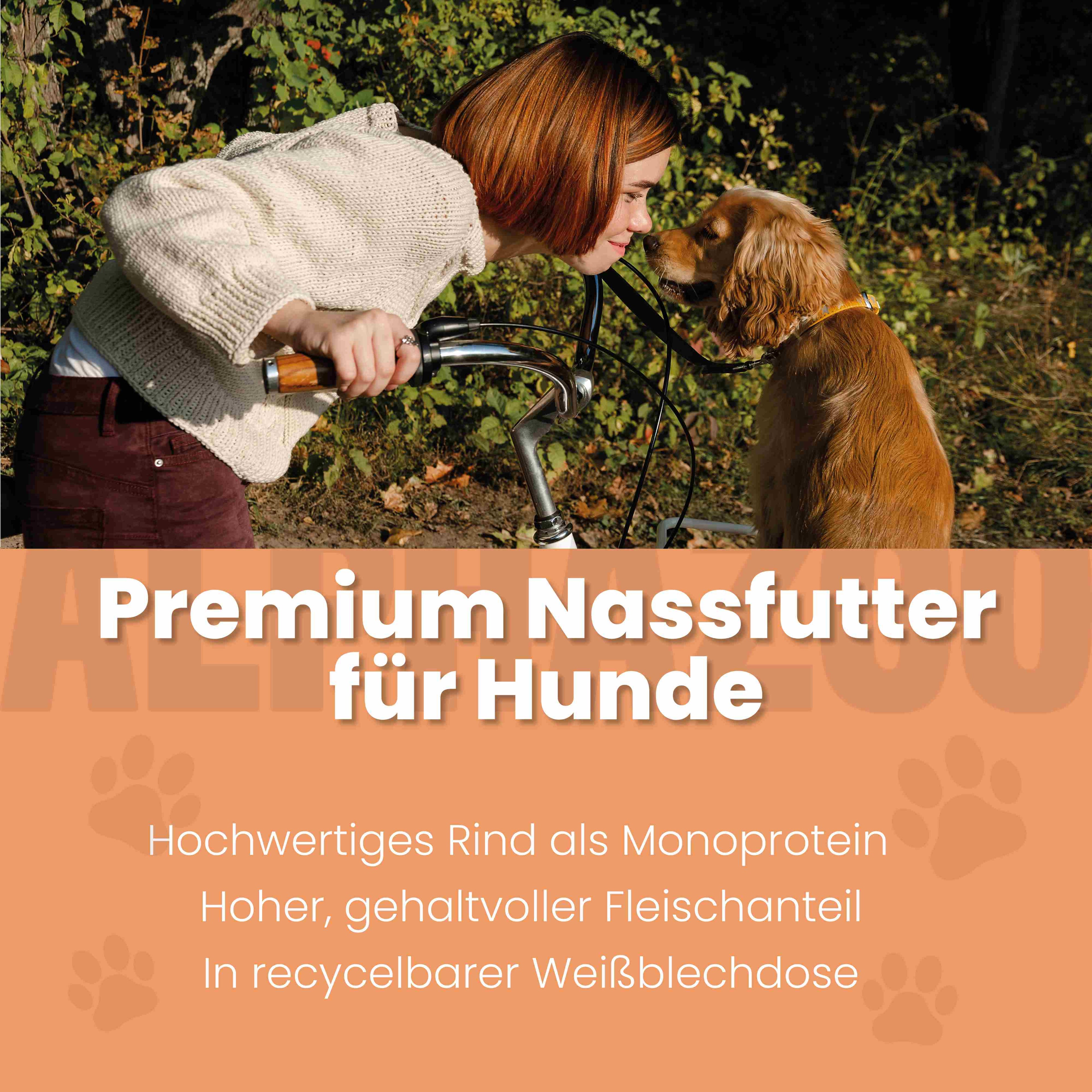 Monoprotein Rind Nassfutter für Hunde – 60% Fleisch, mit Heidelbeere, Hagebutte & Hanföl