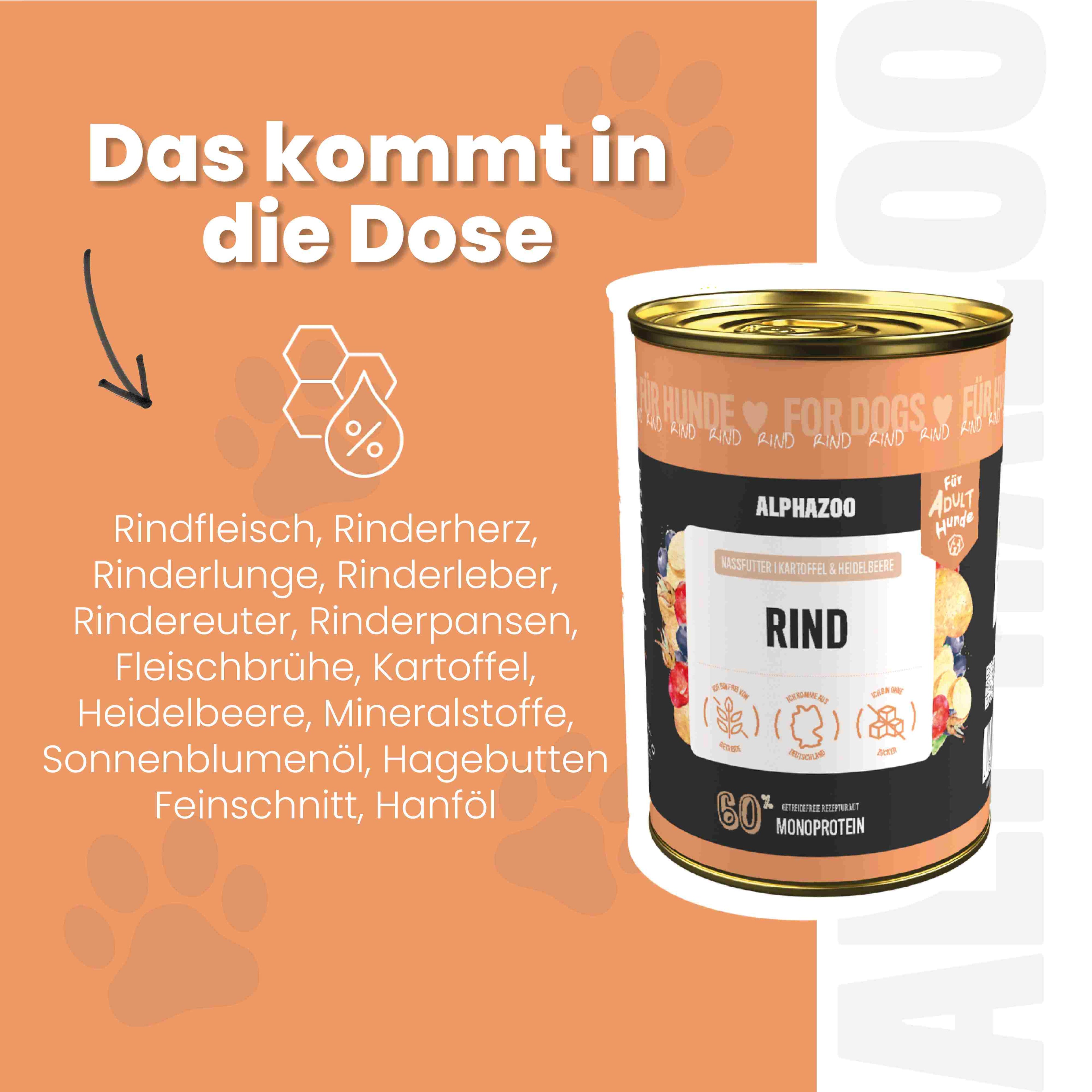 Monoprotein Rind Nassfutter für Hunde – 60% Fleisch, mit Heidelbeere, Hagebutte & Hanföl
