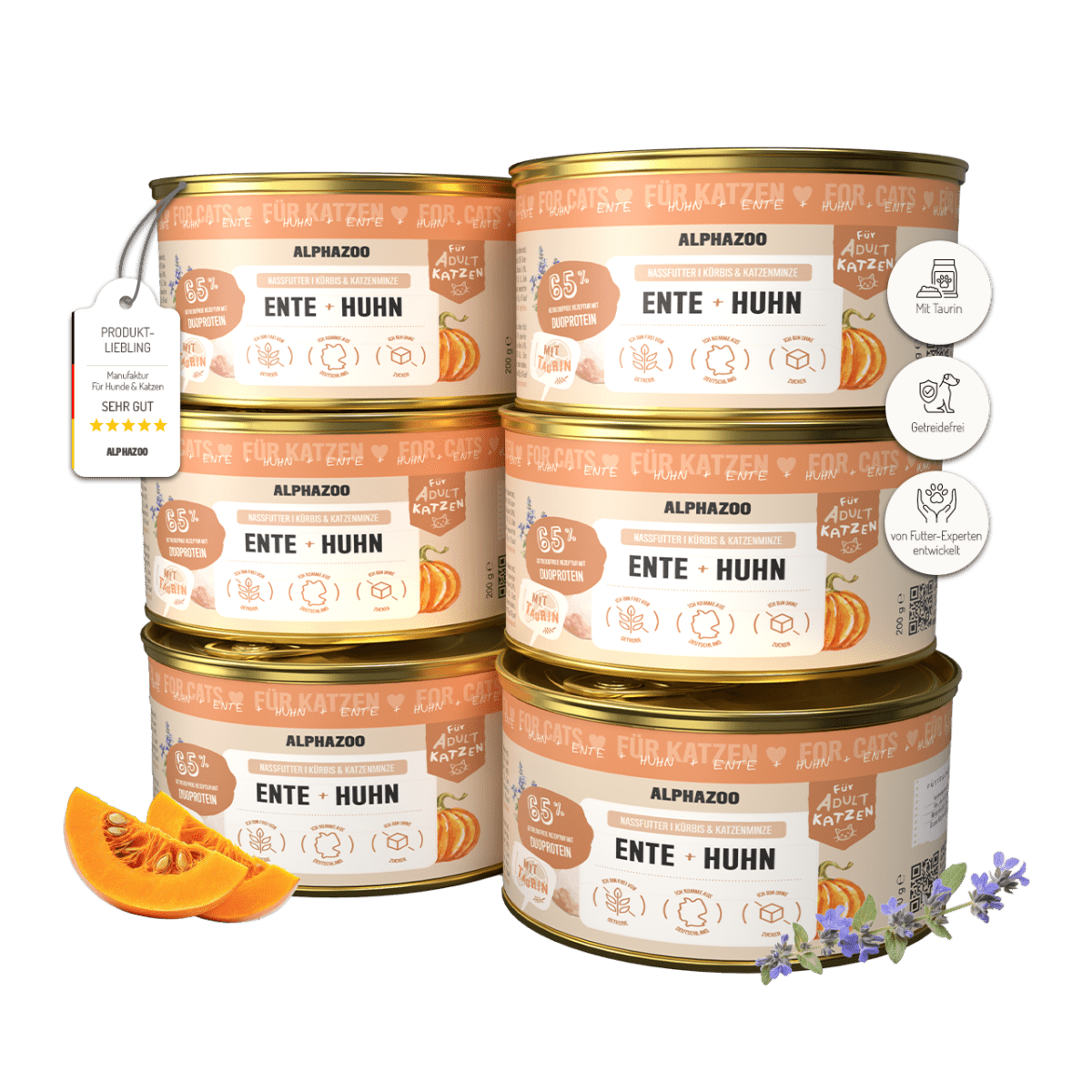 Ente + Huhn Nassfutter für Katzen – 65% Fleisch, mit Lachsöl, Kürbis & Grünlippmuschel