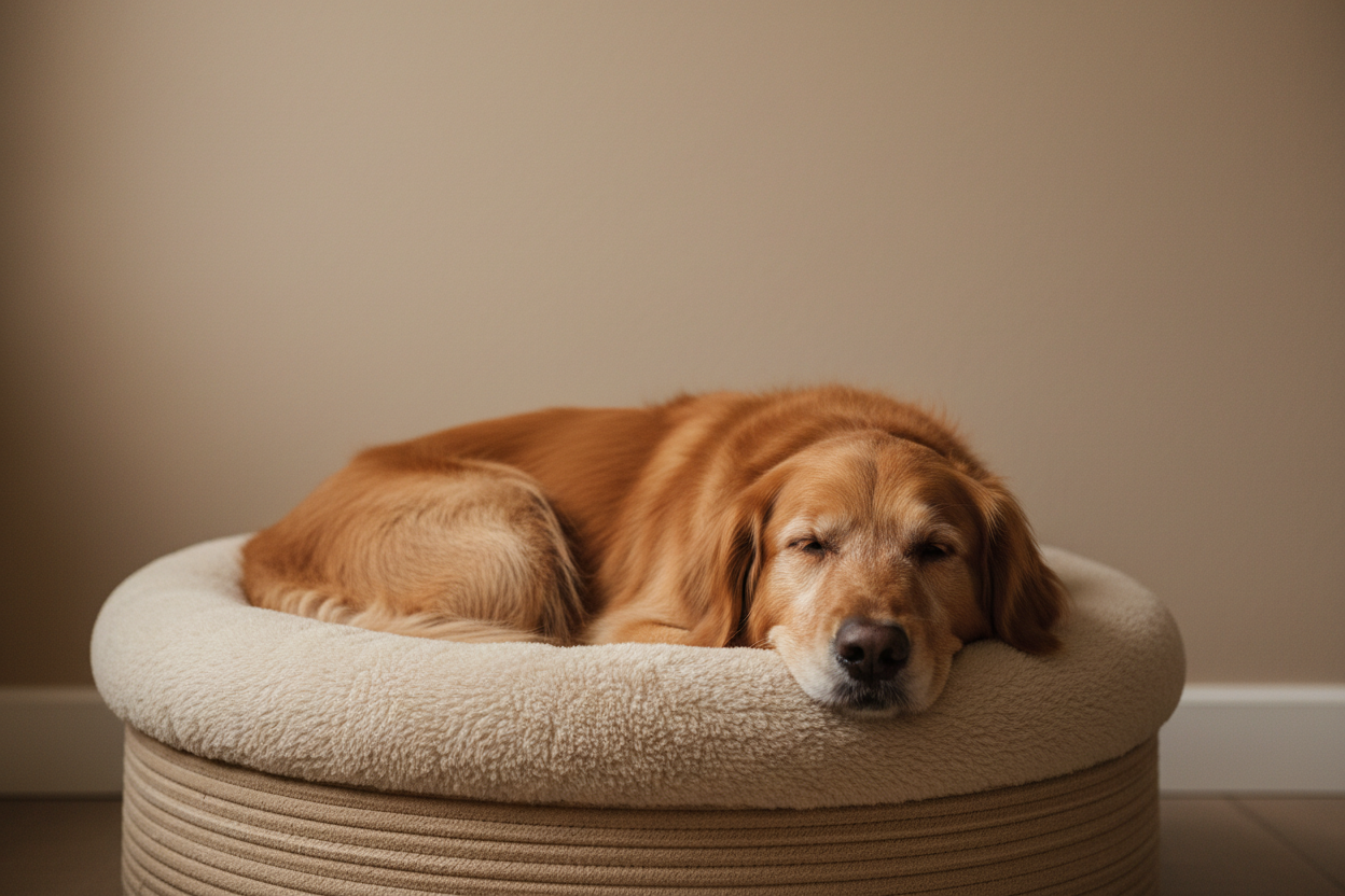 HUnd mit beigem hintergrund, gedeckte farben. soll fotorealistisch sein für tiershop. vlt sitzend im hundekissen/korb