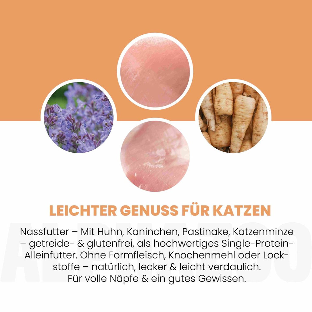 Kaninchen + Huhn Nassfutter für Katzen – 65% Fleisch, mit Lachsöl, Pastinake & Katzenminze