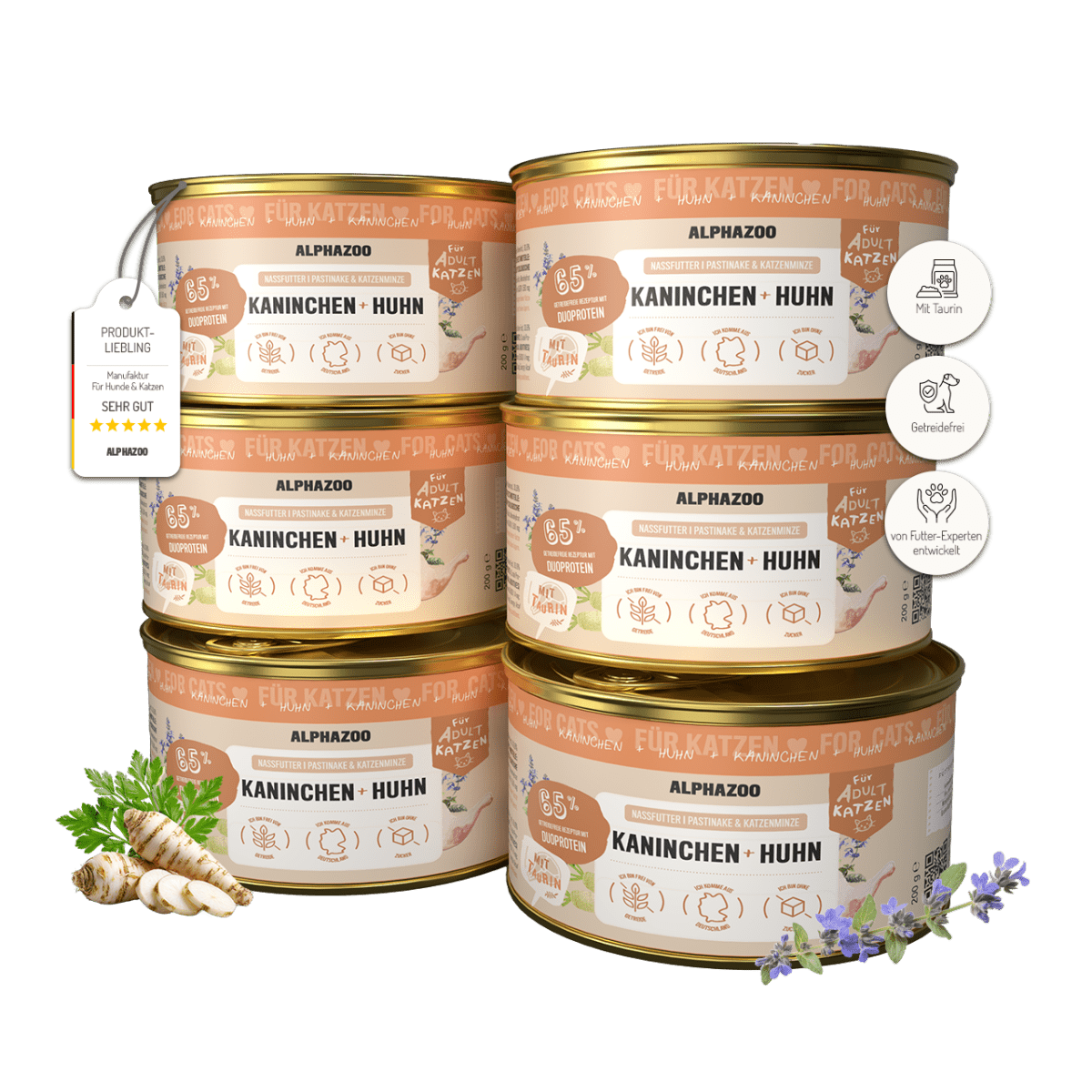 Kaninchen + Huhn Nassfutter für Katzen – 65% Fleisch, mit Lachsöl, Pastinake & Katzenminze