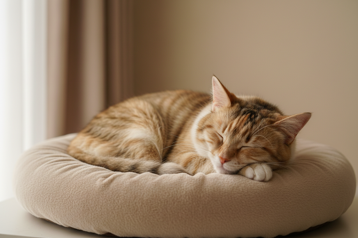 Katze mit beigem gedeckten hintergrund fotrealistisch für tiershop. vielleicht auf liegekissen