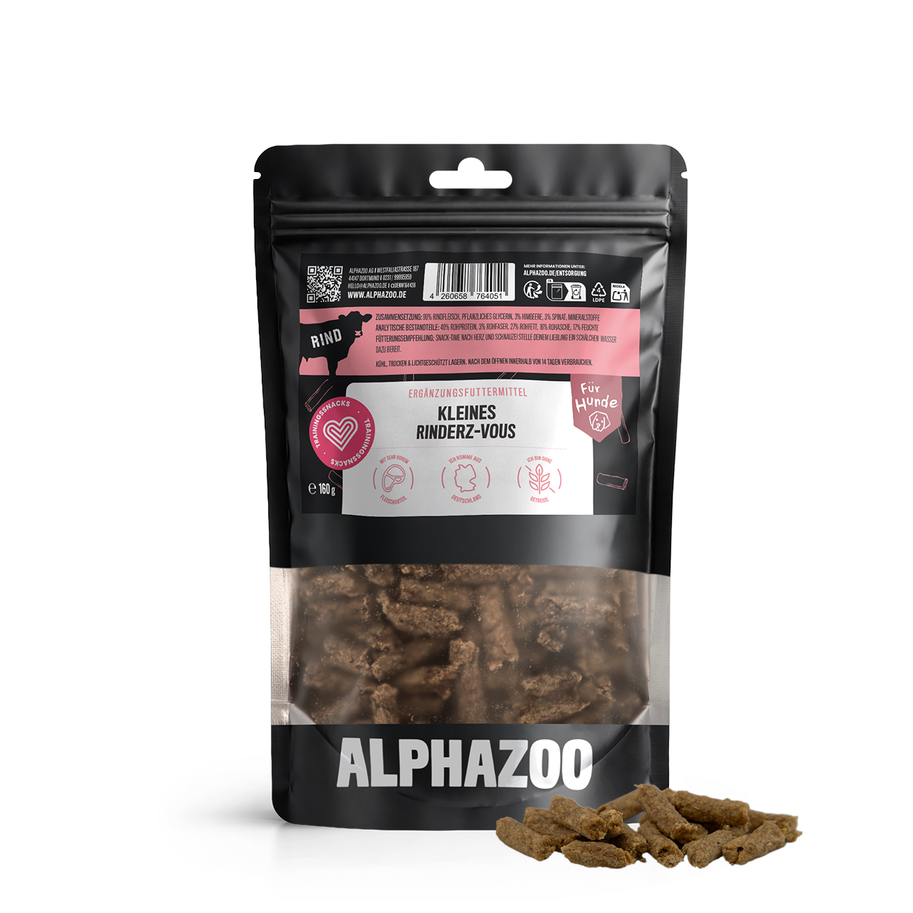 Kleines Rinderz-Vous – Softsnack für Hunde, 90% Rind mit Spinat & Himbeere, getreidefrei