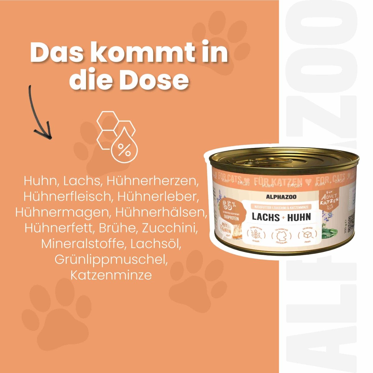 Lachs + Huhn Nassfutter für Katzen – 65% Fleisch, mit Lachsöl, Zucchini & Katzenminze