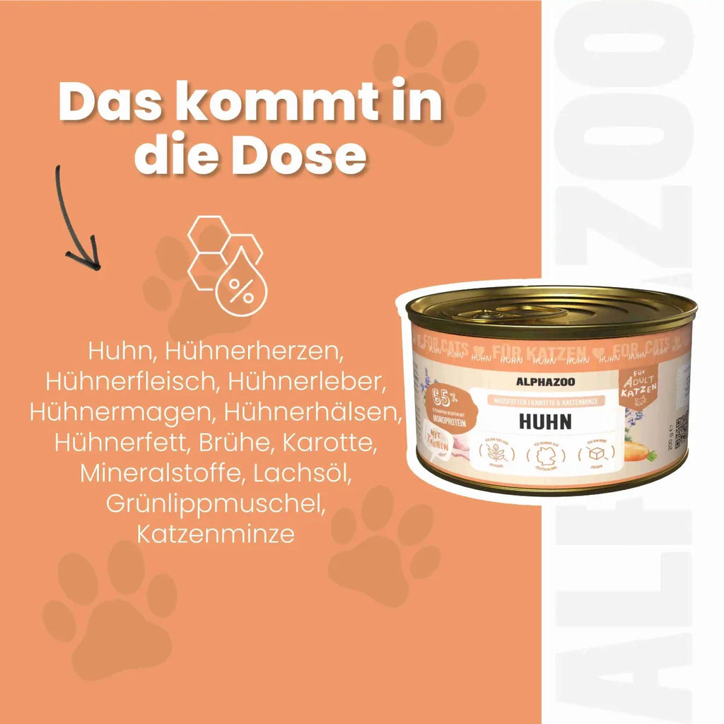 Monoprotein Huhn Nassfutter für Katzen – 65% Fleisch, mit Lachsöl, Karotten & Grünlippmuschel