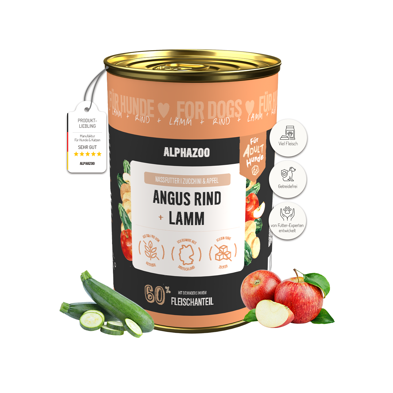 Angus Rind + Lamm Nassfutter für Hunde – 60% Fleisch, mit Leinöl, Apfel & Grünlippmuschel