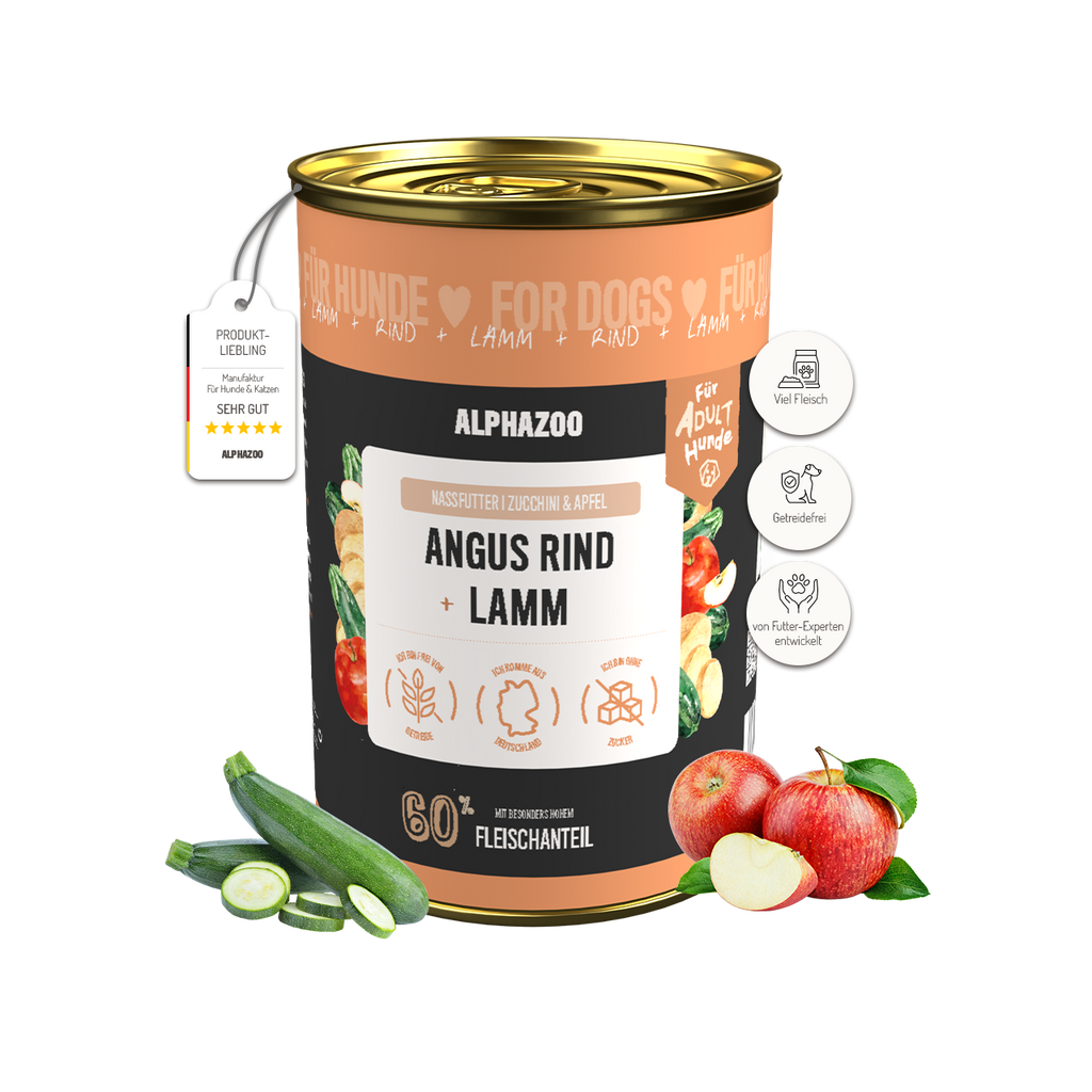 Angus Rind + Lamm Nassfutter für Hunde – 60% Fleisch, mit Leinöl, Apfel & Grünlippmuschel