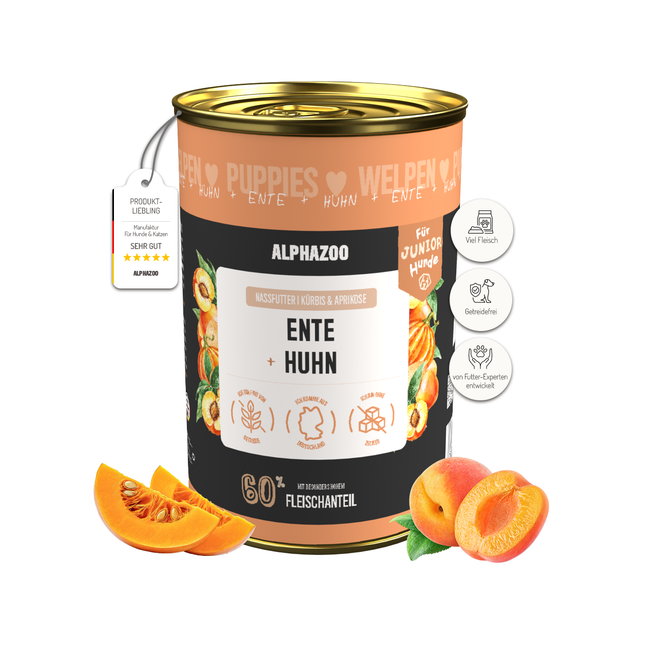 alphazoo Junior Nassfutter Ente + Huhn – Welpen & junge Hunde, getreidefrei