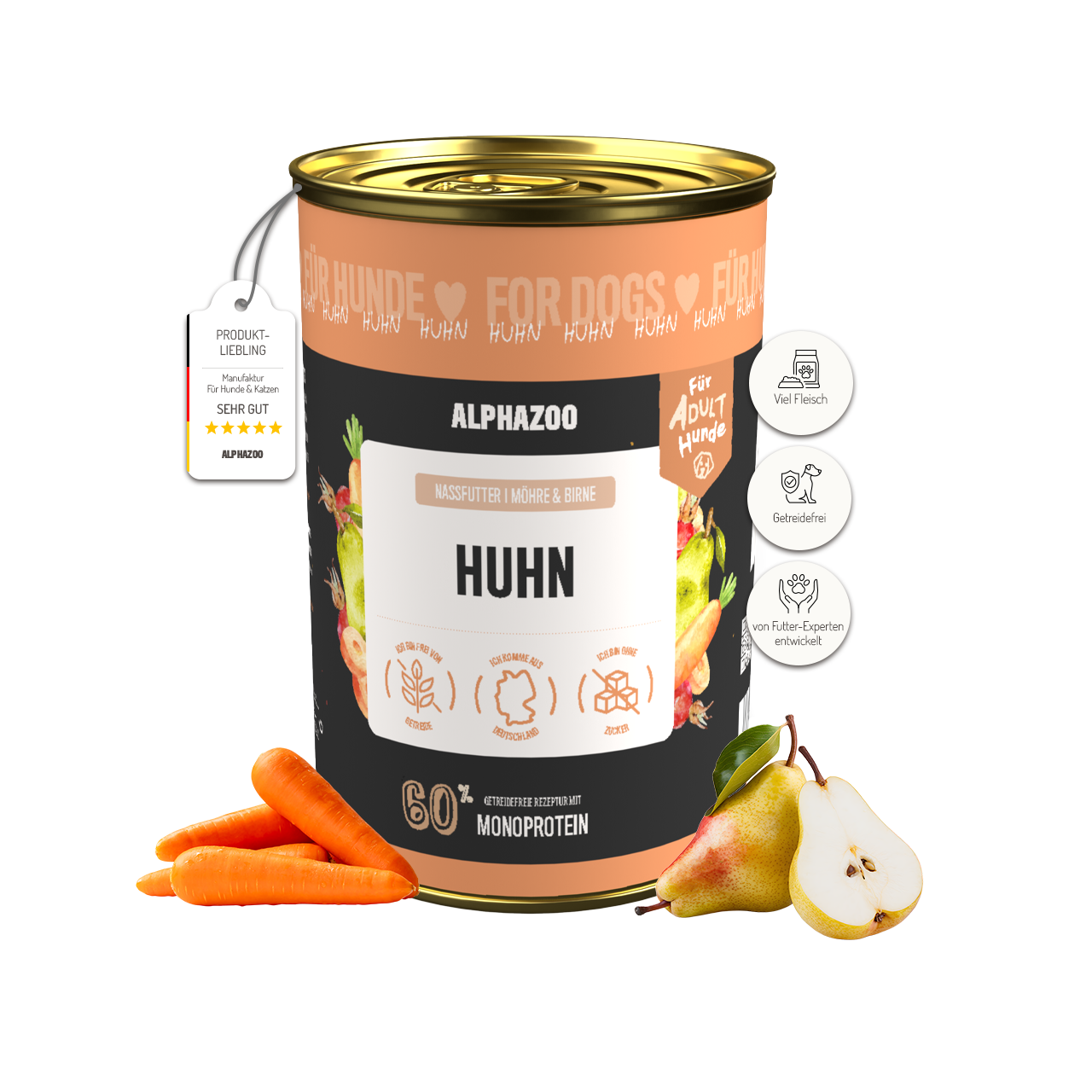 Monoprotein Huhn Nassfutter für Hunde – 60% Fleisch, mit Möhren, Birne, Hagebutte & Hanföl