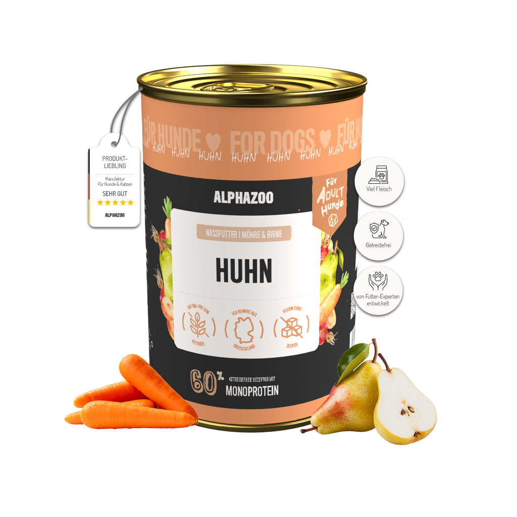 Monoprotein Huhn Nassfutter für Hunde – 60% Fleisch, mit Möhren, Birne, Hagebutte & Hanföl